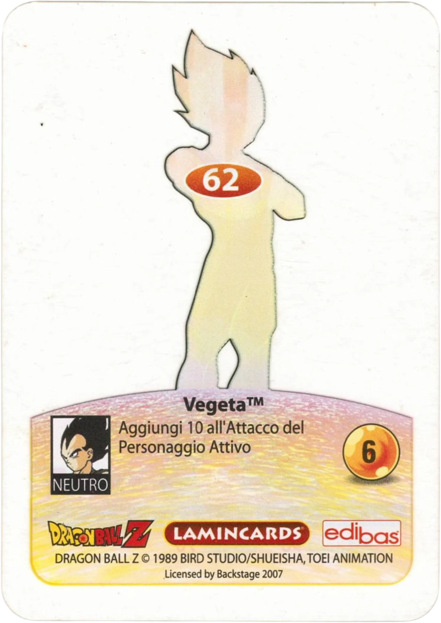 DBZ-PLT-062-VEGETA-0000 img2 Retro della carta DBZ Platino n. 62 Vegeta - parte della serie DBZ Lamincard, con dettagli visivi e grafici del prodotto.