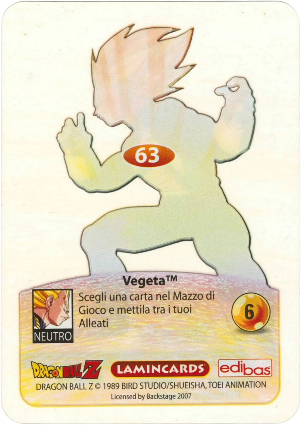 DBZ-PLT-063-VEGETA-0000 img2 Retro della carta DBZ Platino n. 63 Vegeta - Supersayan - Principe Sayan - parte della serie DBZ Lamincard, con dettagli visivi e grafici del prodotto.