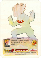 DBZ-PLT-063-VEGETA-0000 img2 Retro della carta DBZ Platino n. 63 Vegeta - Supersayan - Principe Sayan - parte della serie DBZ Lamincard, con dettagli visivi e grafici del prodotto.