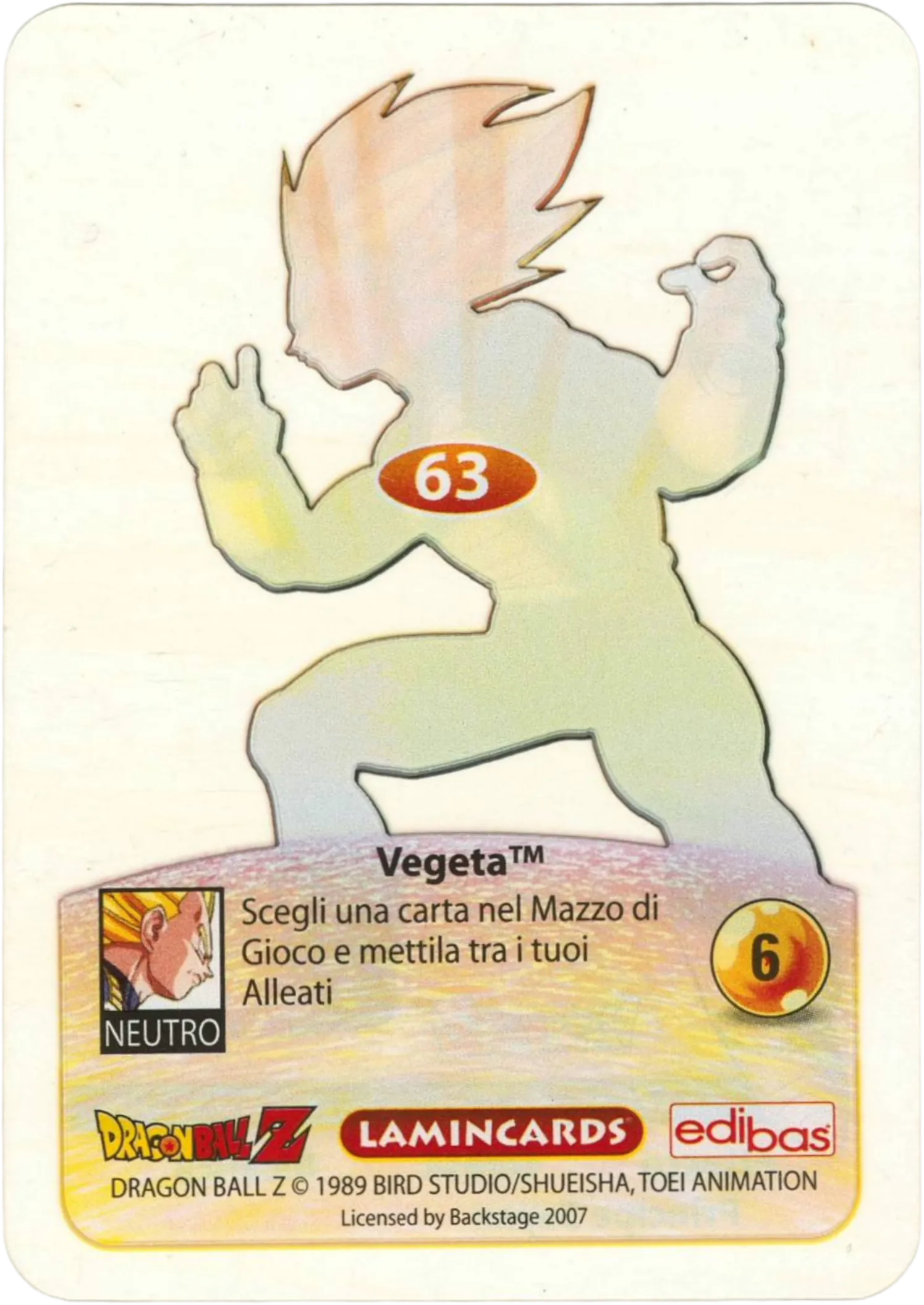 DBZ-PLT-063-VEGETA-0000 img2 Retro della carta DBZ Platino n. 63 Vegeta - Supersayan - Principe Sayan - parte della serie DBZ Lamincard, con dettagli visivi e grafici del prodotto.