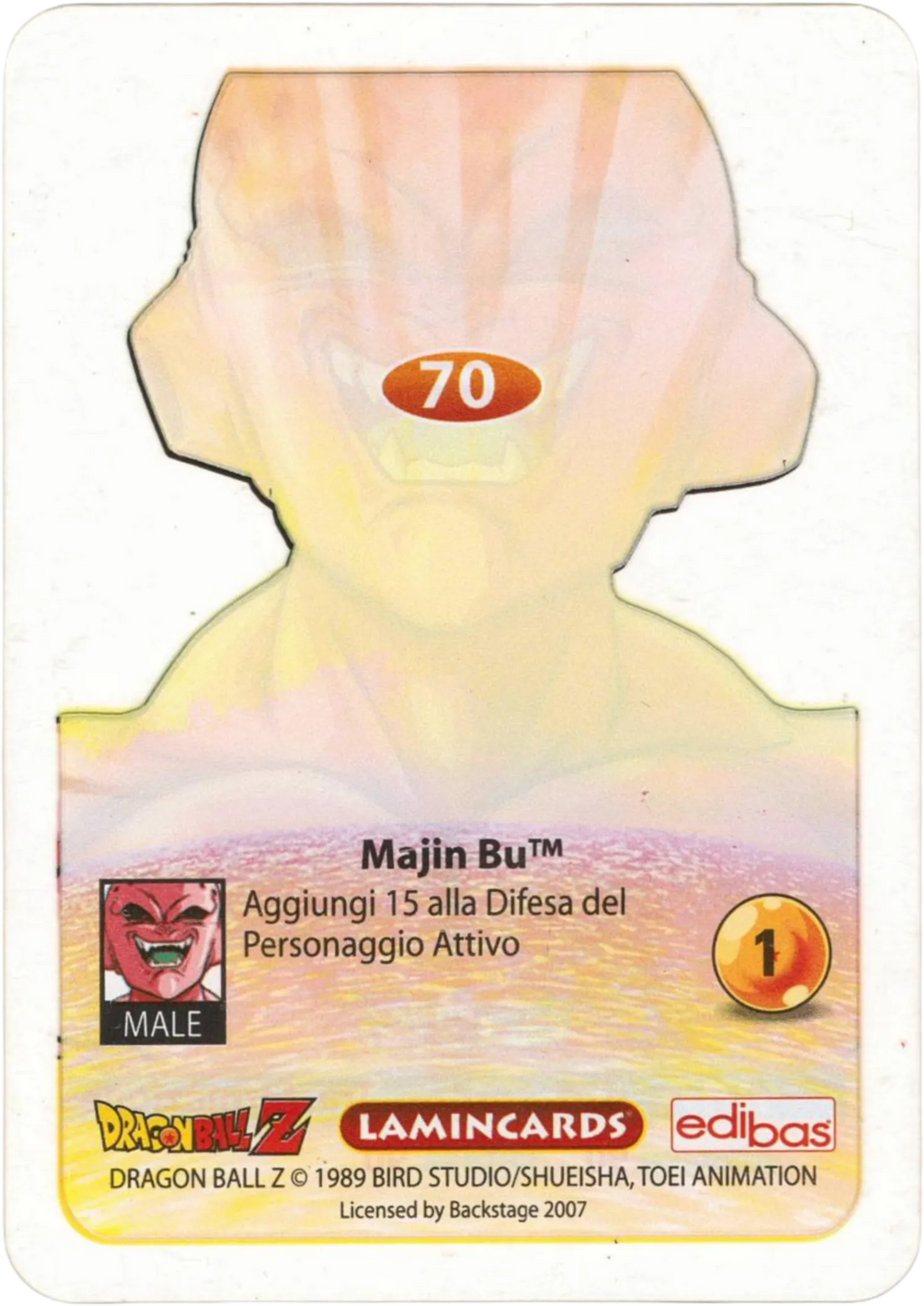 DBZ-PLT-070-MAJIN-BU-0000 img2 Retro della carta DBZ Platino n. 70 Majin Bu - Trasformazione - parte della serie DBZ Lamincard, con dettagli visivi e grafici del prodotto.
