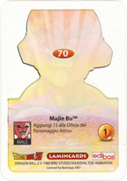 DBZ-PLT-070-MAJIN-BU-0000 img2 Retro della carta DBZ Platino n. 70 Majin Bu - Trasformazione - parte della serie DBZ Lamincard, con dettagli visivi e grafici del prodotto.