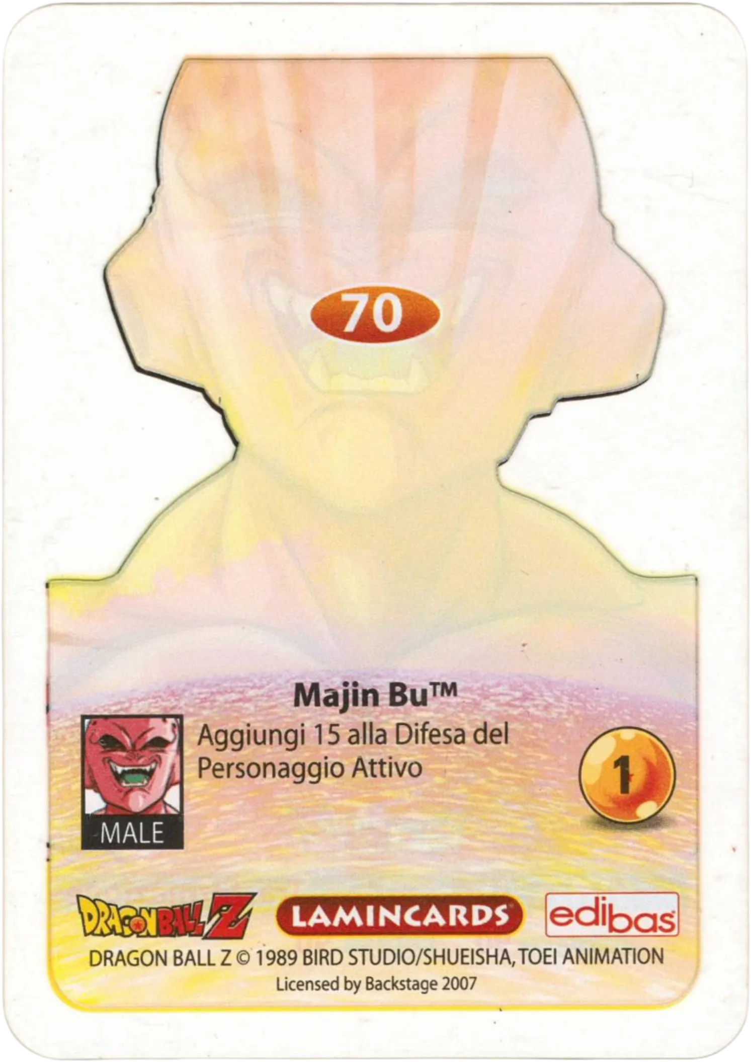 DBZ-PLT-070-MAJIN-BU-0000 img2 Retro della carta DBZ Platino n. 70 Majin Bu - Trasformazione - parte della serie DBZ Lamincard, con dettagli visivi e grafici del prodotto.