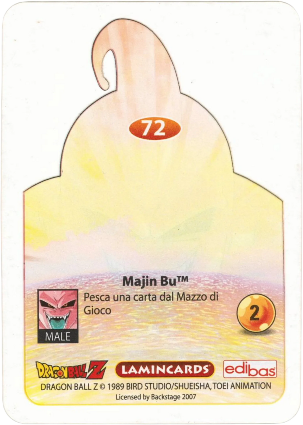 DBZ-PLT-072-MAJIN-BU-0000 img2 Retro della carta DBZ Platino n. 72 Majin Bu - Trasformazione - parte della serie DBZ Lamincard, con dettagli visivi e grafici del prodotto.