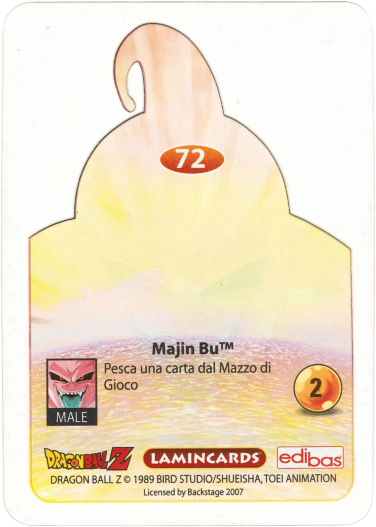 DBZ-PLT-072-MAJIN-BU-0000 img2 Retro della carta DBZ Platino n. 72 Majin Bu - Trasformazione - parte della serie DBZ Lamincard, con dettagli visivi e grafici del prodotto.