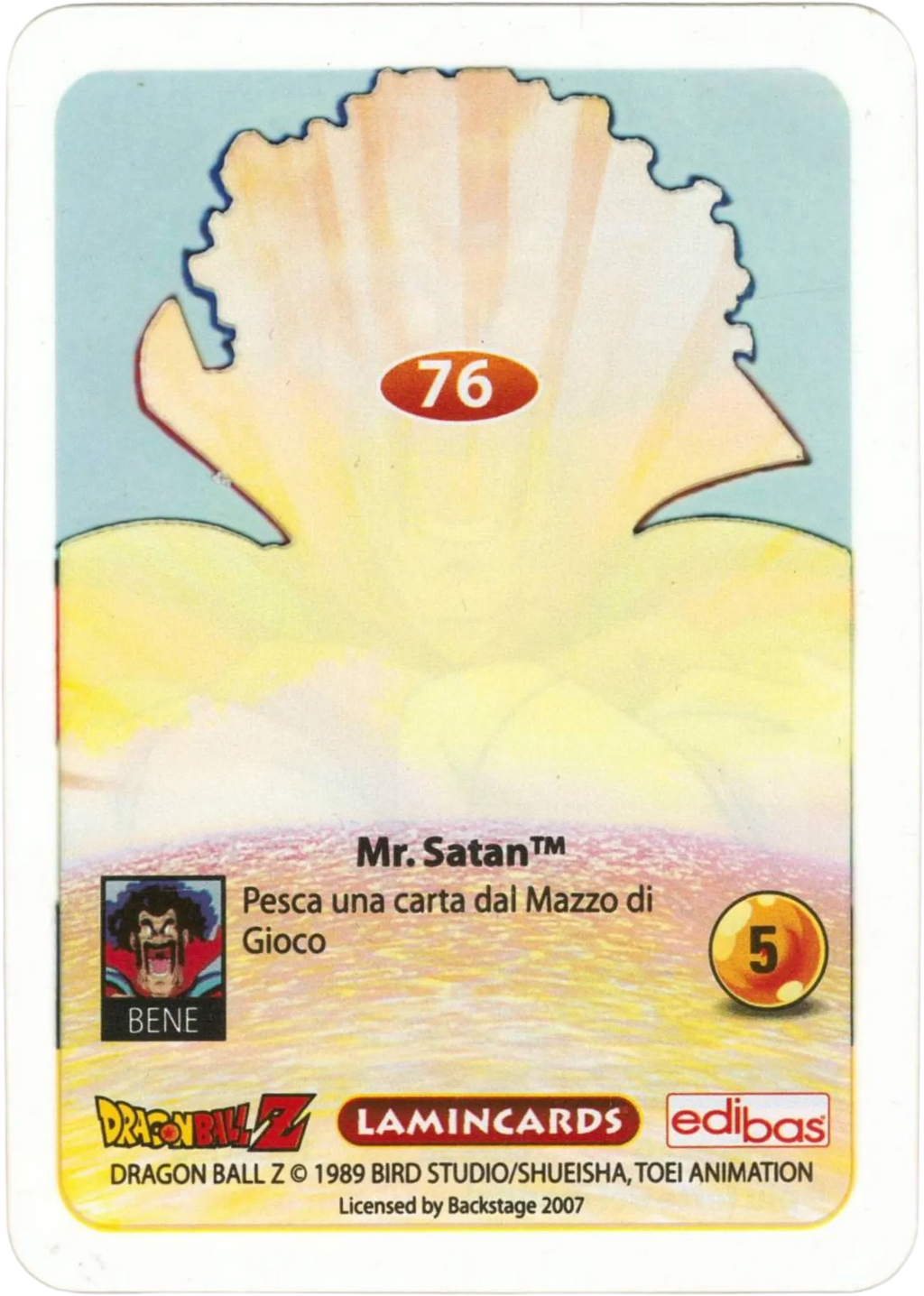 DBZ-PLT-076-MR-SATAN-0000 img2 Retro della carta DBZ Platino n. 76 Mr Satan - Il più forte del mondo - parte della serie DBZ Lamincard, con dettagli visivi e grafici del prodotto.