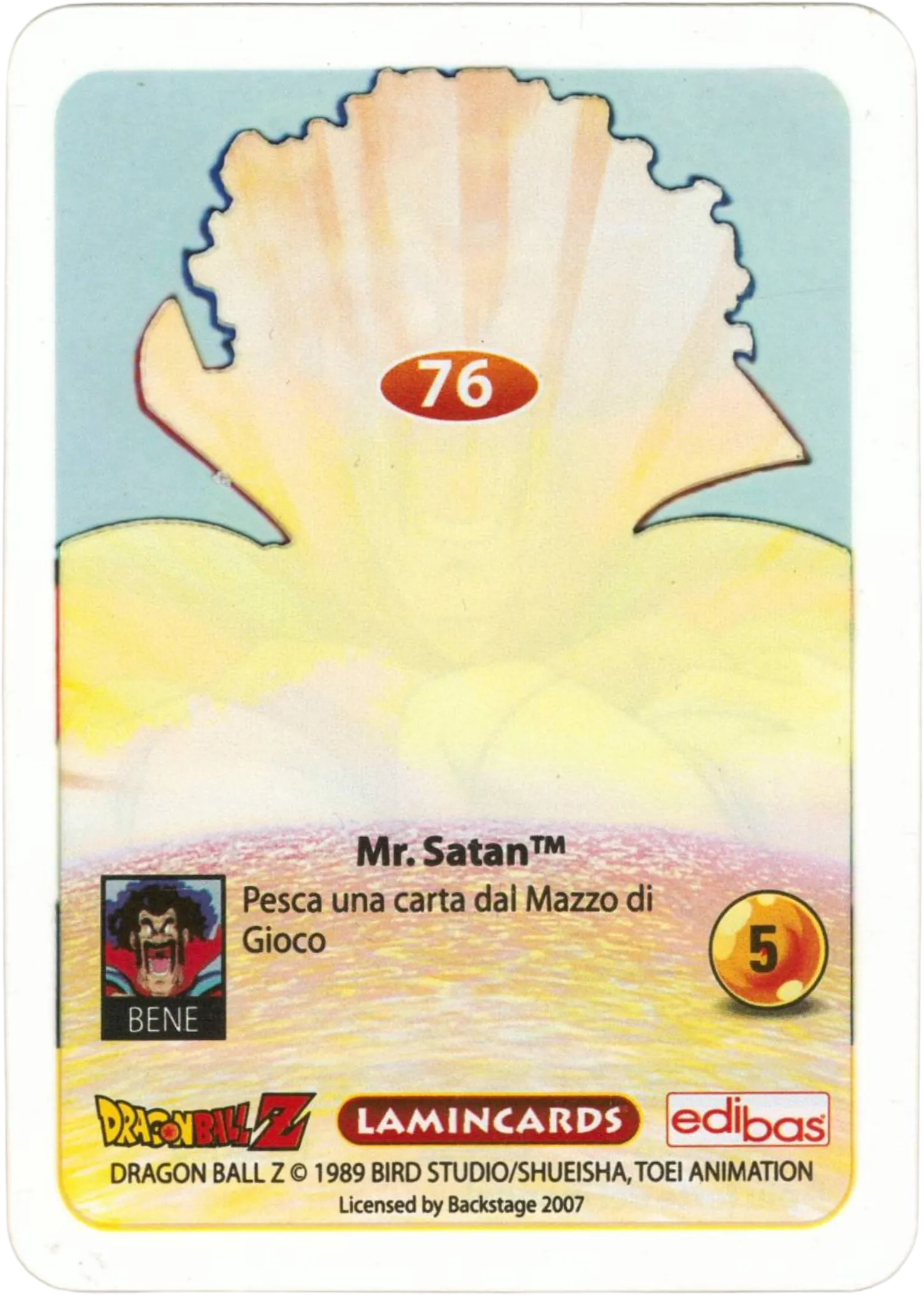DBZ-PLT-076-MR-SATAN-0000 img2 Retro della carta DBZ Platino n. 76 Mr Satan - Il più forte del mondo - parte della serie DBZ Lamincard, con dettagli visivi e grafici del prodotto.