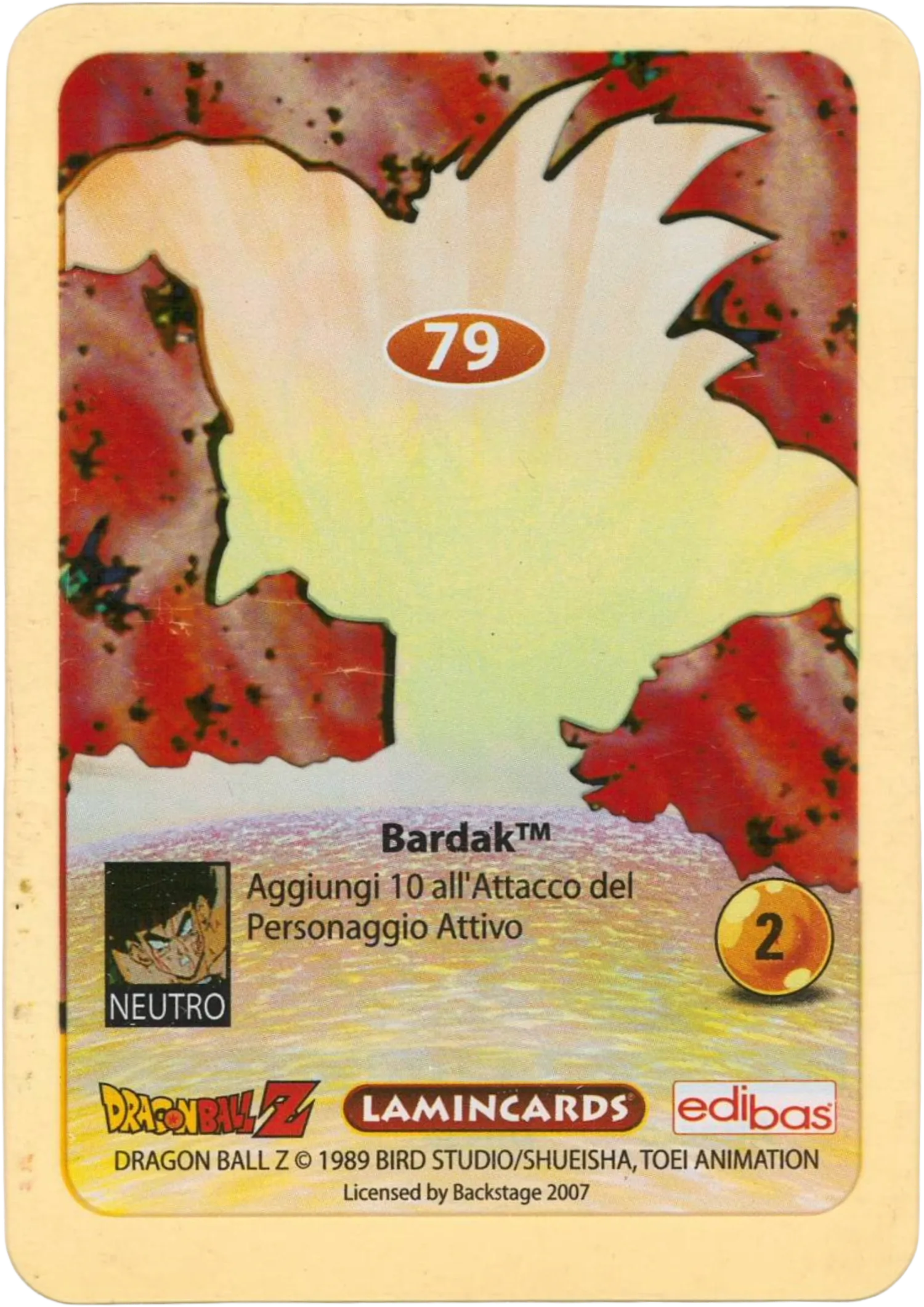 DBZ-PLT-079-BARDAK-0000 img2 Retro della carta DBZ Platino n. 79 Bardak - parte della serie DBZ Lamincard, con dettagli visivi e grafici del prodotto.