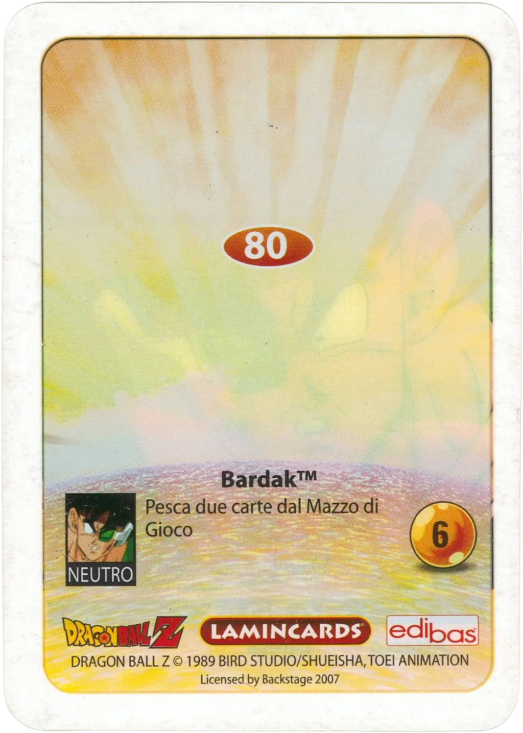 DBZ-PLT-080-BARDAK-0000 img2 Retro della carta DBZ Platino n. 80 Bardak - parte della serie DBZ Lamincard, con dettagli visivi e grafici del prodotto.