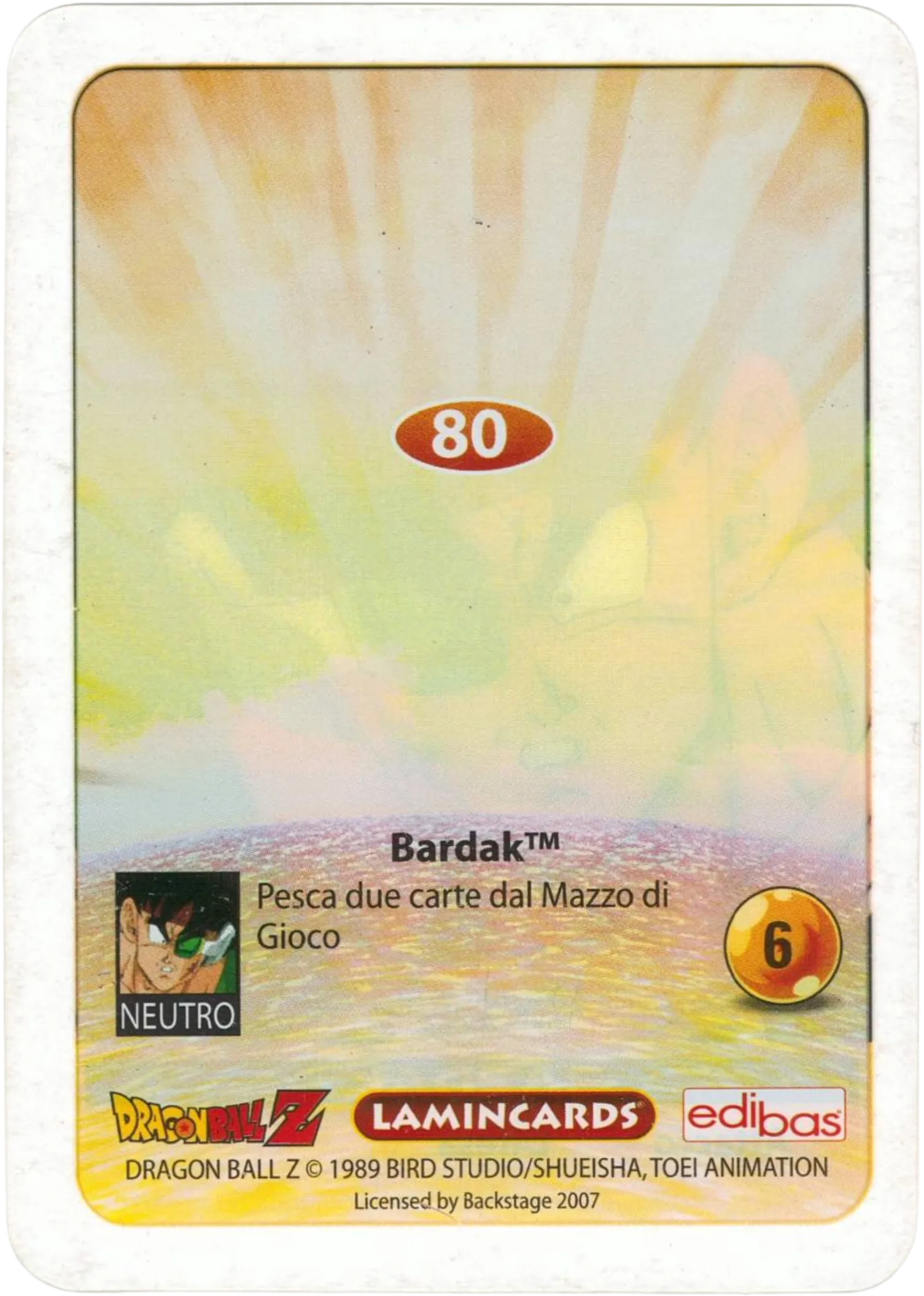 DBZ-PLT-080-BARDAK-0000 img2 Retro della carta DBZ Platino n. 80 Bardak - parte della serie DBZ Lamincard, con dettagli visivi e grafici del prodotto.