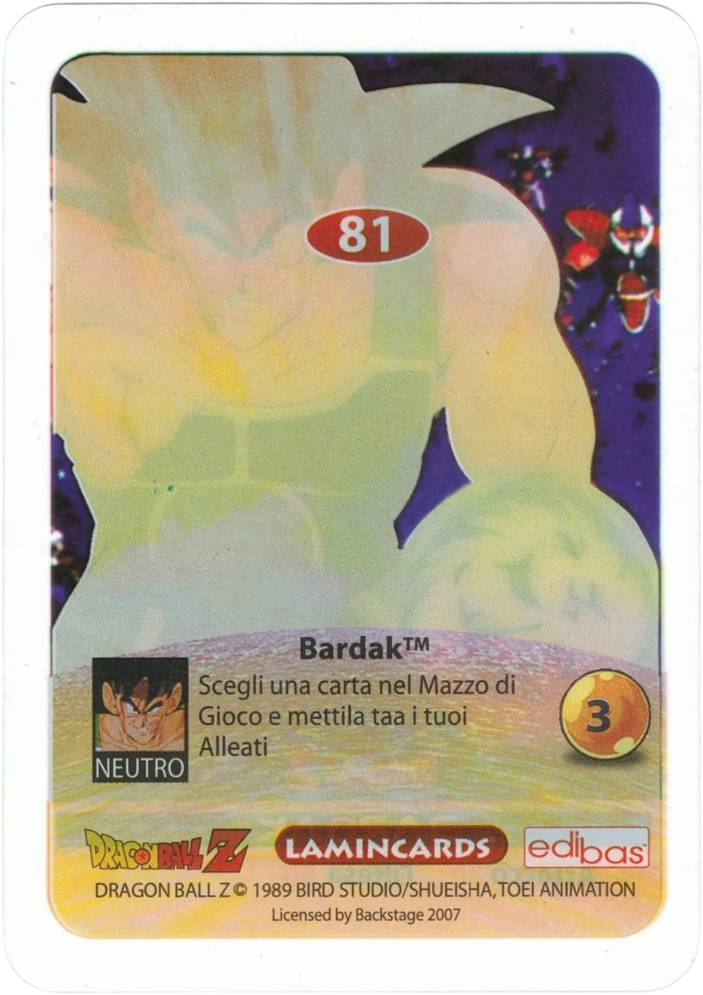 DBZ-PLT-081-BARDAK-0000 img2 Retro della carta DBZ Platino n. 81 Bardak - parte della serie DBZ Lamincard, con dettagli visivi e grafici del prodotto.