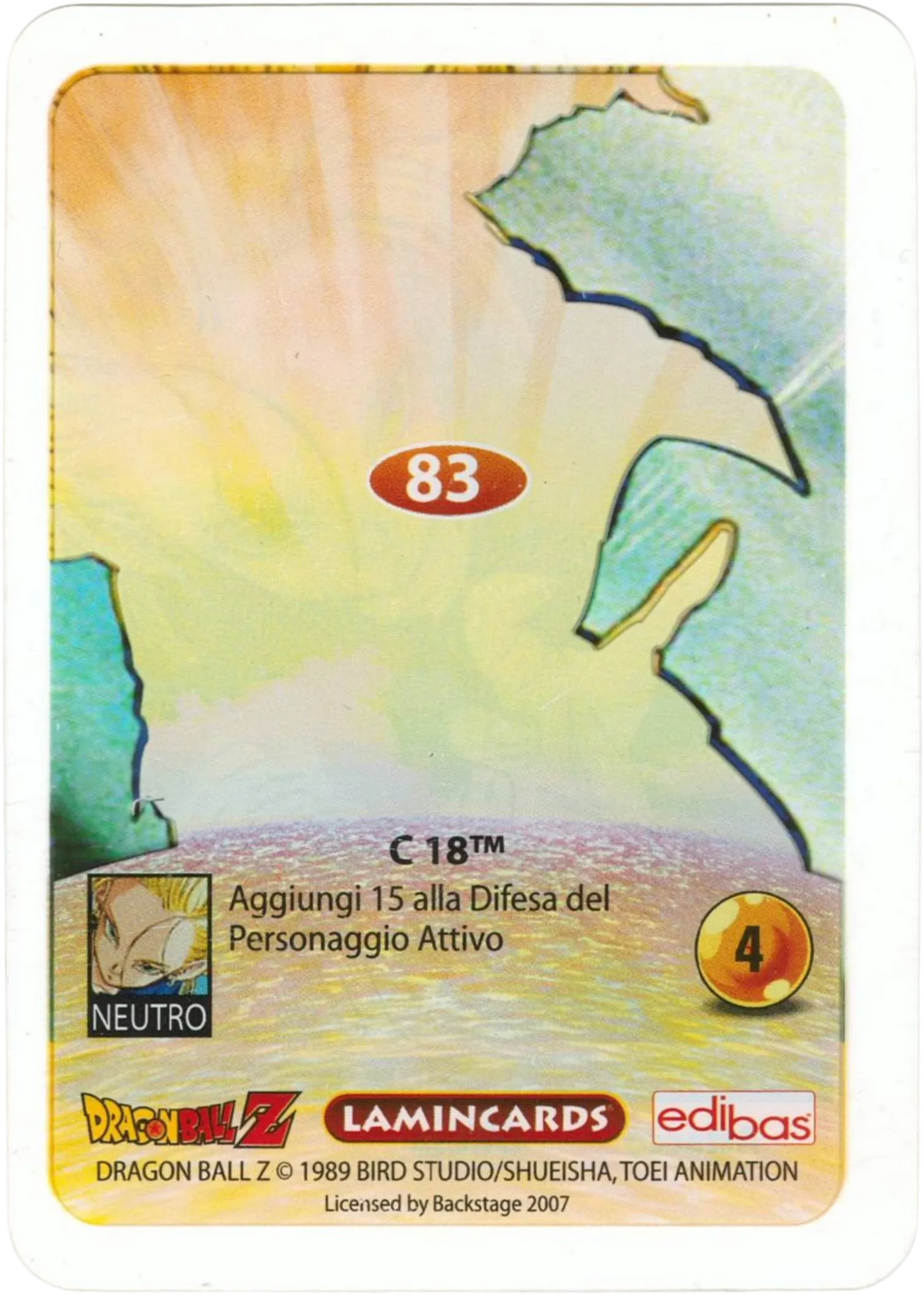 DBZ-PLT-083-C-18-0000 img2 Retro della carta DBZ Platino n. 83 C-18 - parte della serie DBZ Lamincard, con dettagli visivi e grafici del prodotto.