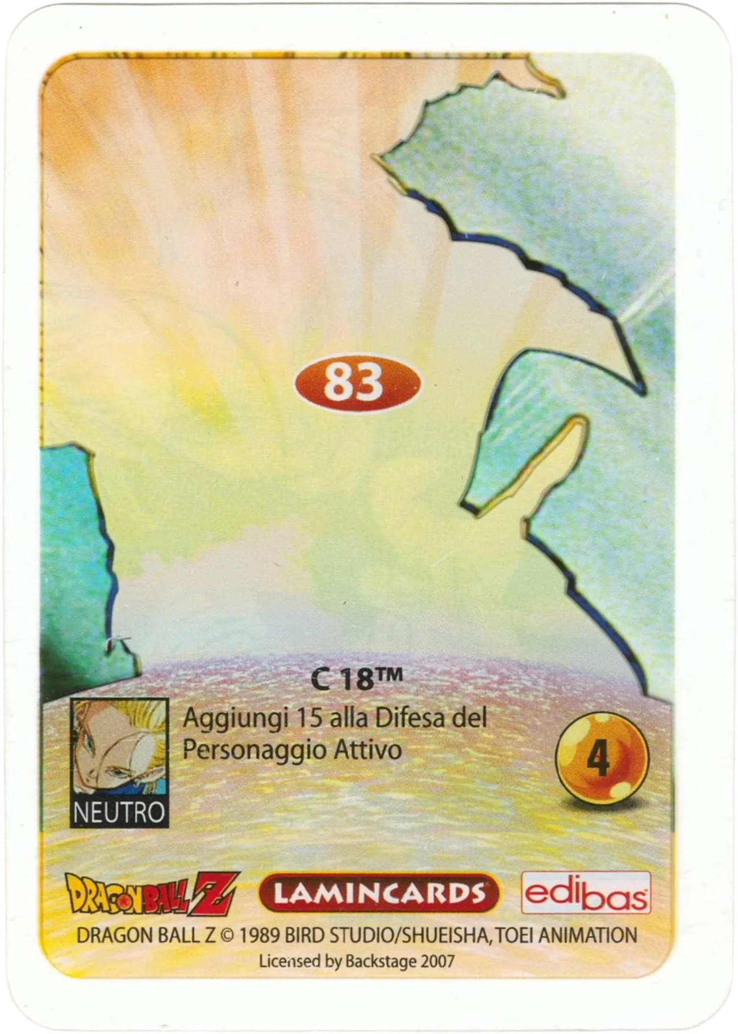 DBZ-PLT-083-C-18-0000 img2 Retro della carta DBZ Platino n. 83 C-18 - parte della serie DBZ Lamincard, con dettagli visivi e grafici del prodotto.
