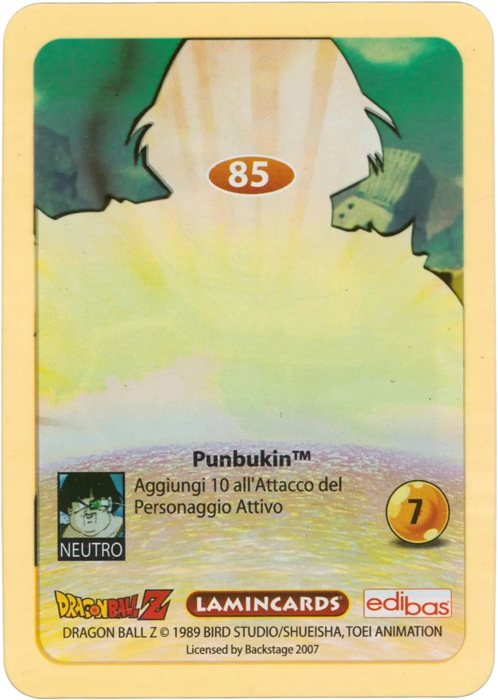 DBZ-PLT-085-PUMBUKIN-0000 img2 Retro della carta DBZ Platino n. 85 Pumbukin - parte della serie DBZ Lamincard, con dettagli visivi e grafici del prodotto.