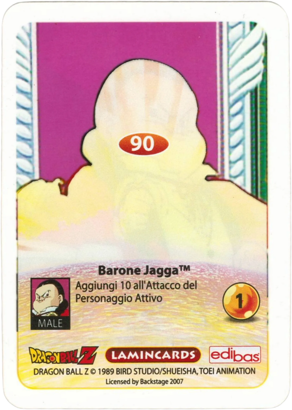 DBZ-PLT-090-BARONE JADDA-0000 img2 Retro della carta DBZ Platino n. 90 Barone Jadda- parte della serie DBZ Lamincard, con dettagli visivi e grafici del prodotto.