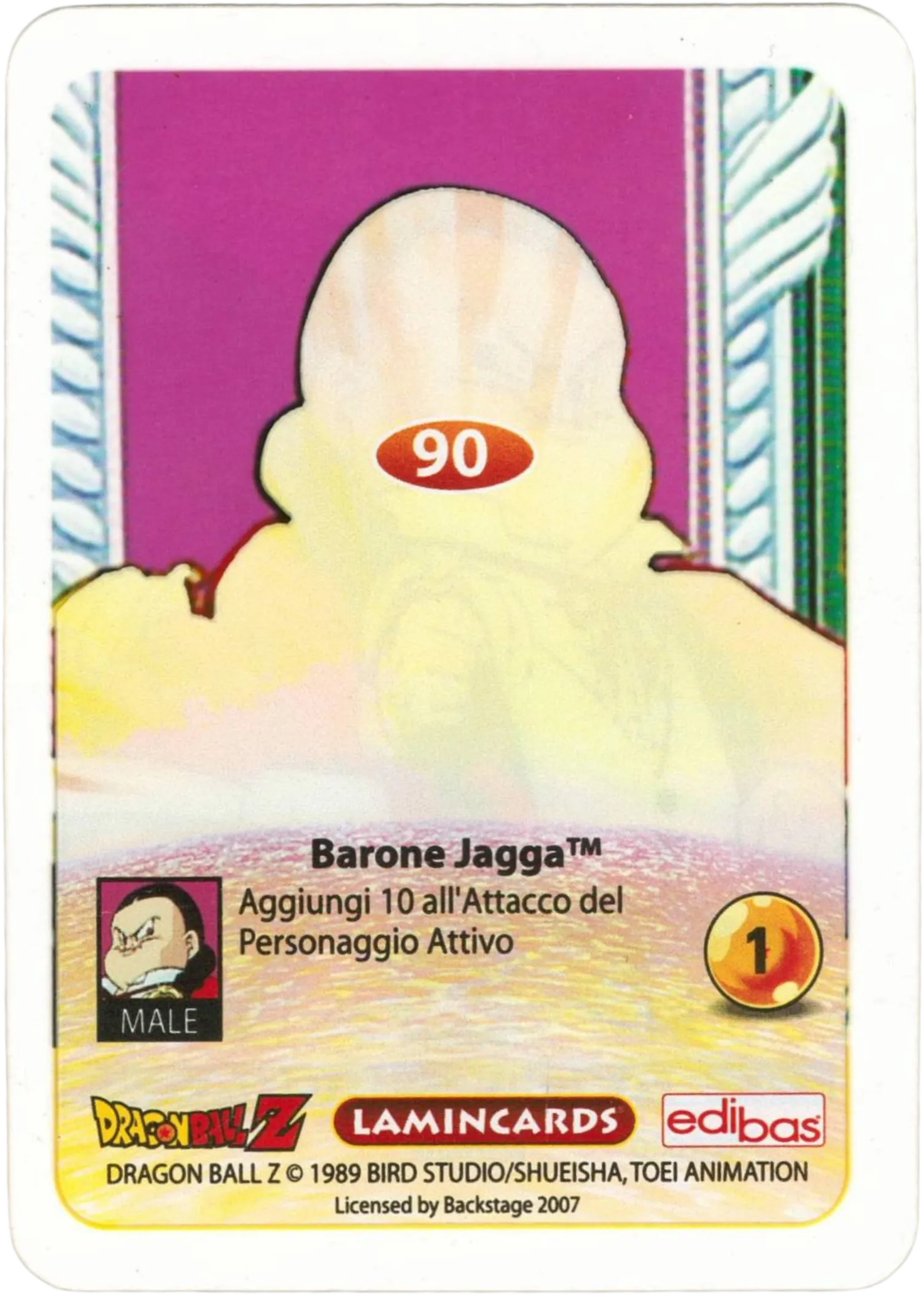 DBZ-PLT-090-BARONE JADDA-0000 img2 Retro della carta DBZ Platino n. 90 Barone Jadda- parte della serie DBZ Lamincard, con dettagli visivi e grafici del prodotto.