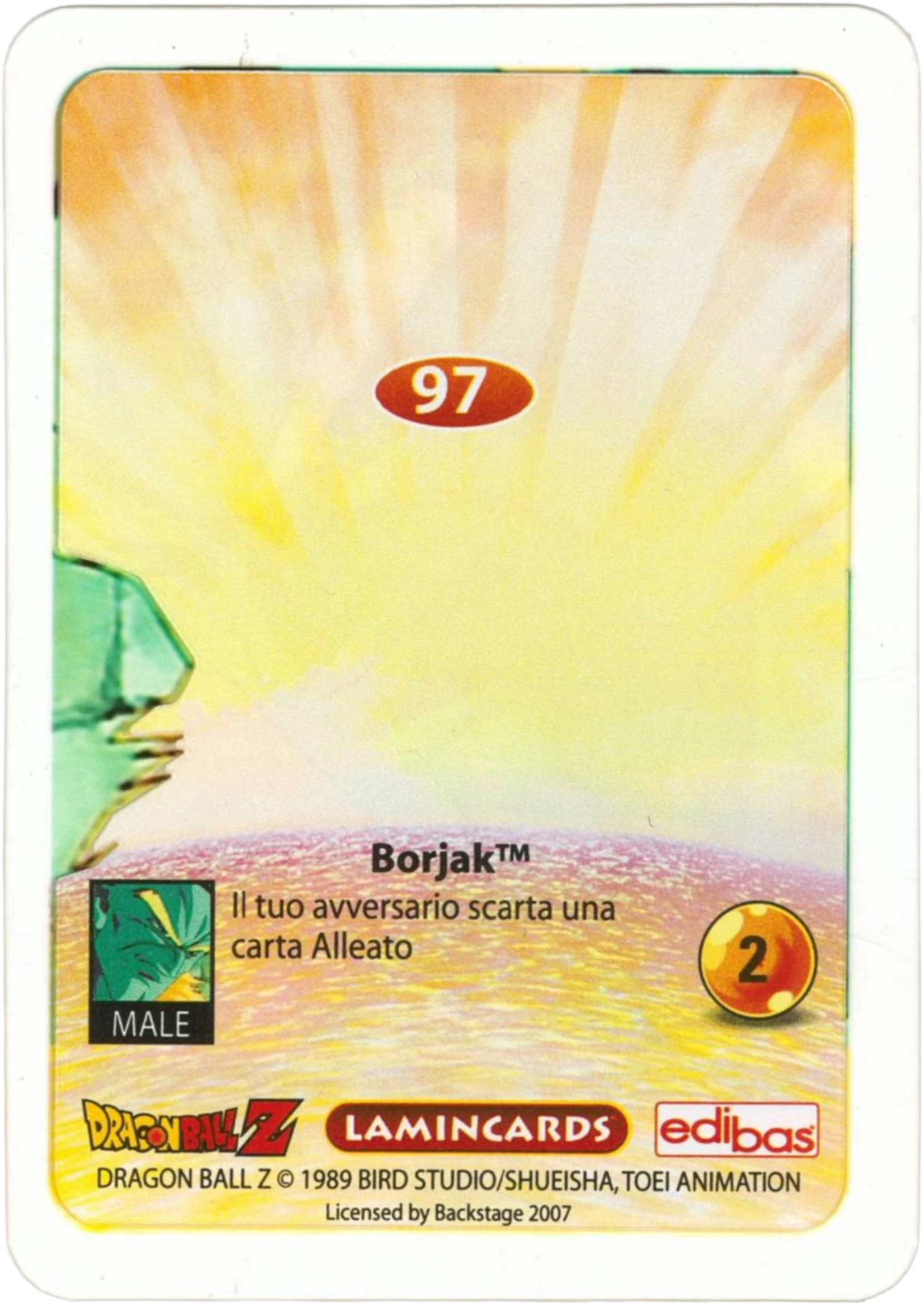 DBZ-PLT-097-BORJAK-0000 img2 Retro della carta DBZ Platino n. 97 Borjak - Conquistatore di mondi - parte della serie DBZ Lamincard, con dettagli visivi e grafici del prodotto.