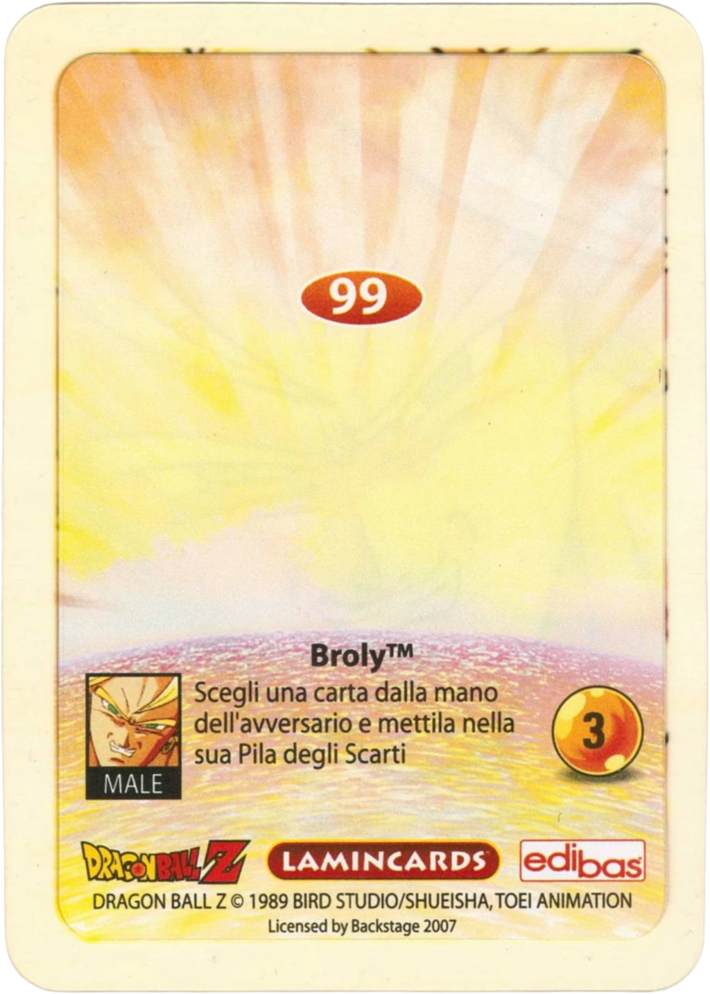 DBZ-PLT-099-BROLY-0000 img2 Retro della carta DBZ Platino n. 99 Broly - Supersayan - parte della serie DBZ Lamincard, con dettagli visivi e grafici del prodotto.
