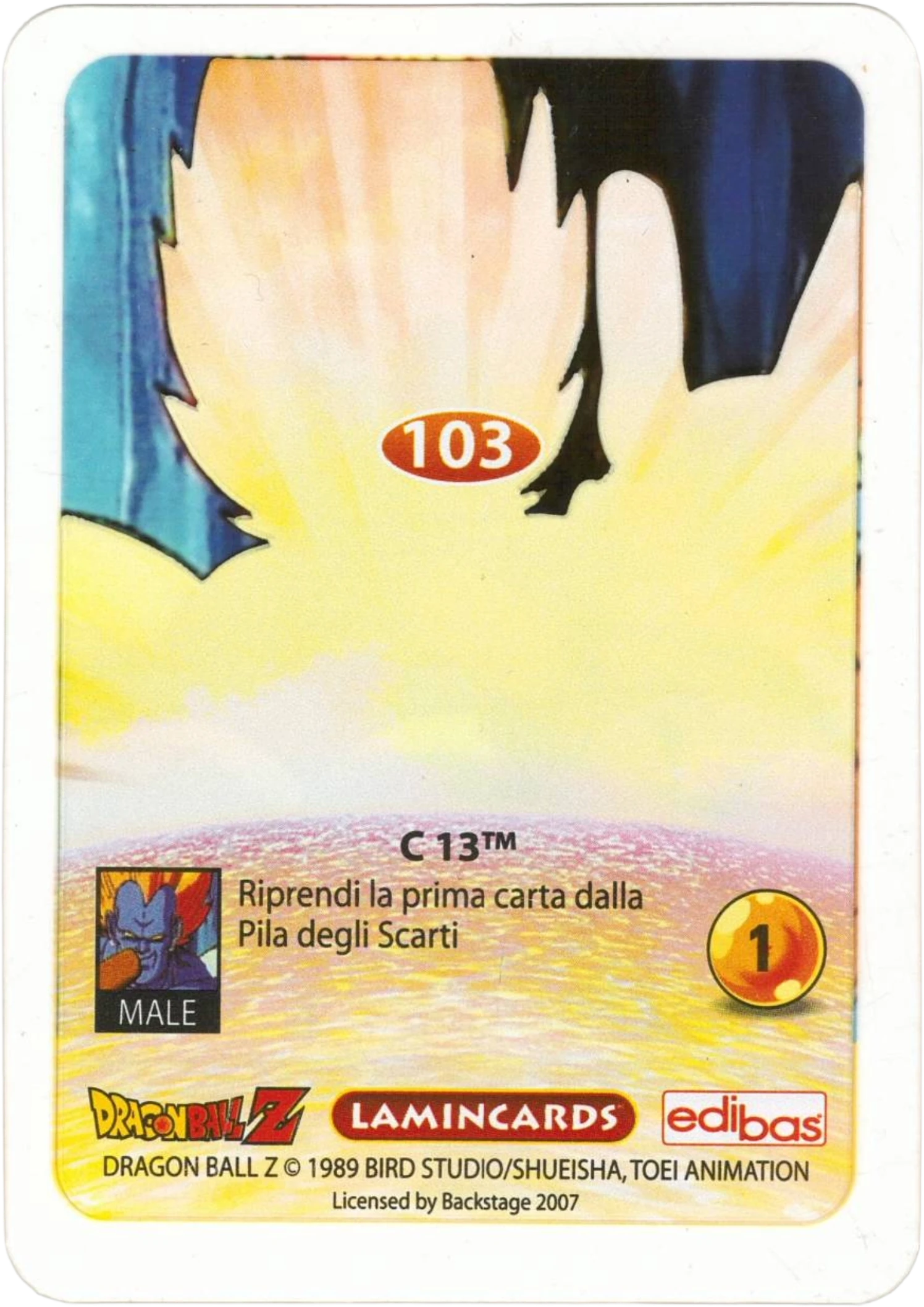 DBZ-PLT-103-C-13-0000 img2 Retro della carta DBZ Platino n. 103 C-13 - Trasformazione - Tecnologia avanzata - parte della serie DBZ Lamincard, con dettagli visivi e grafici del prodotto.