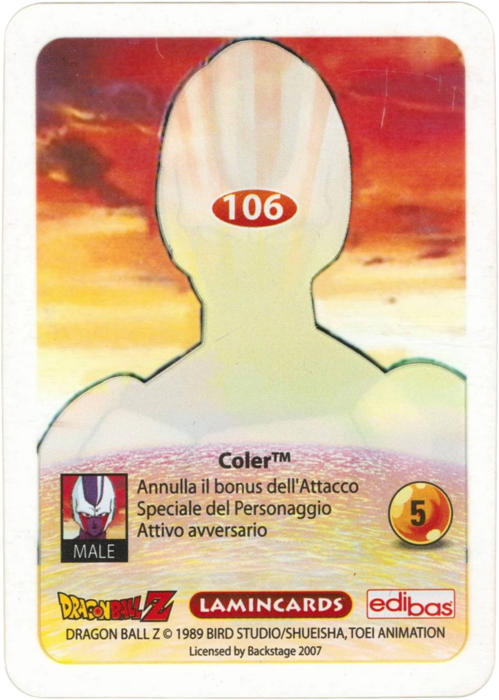 DBZ-PLT-106-COLER-0000 img2 Retro della carta DBZ Platino n. 106 Coler - parte della serie DBZ Lamincard, con dettagli visivi e grafici del prodotto.