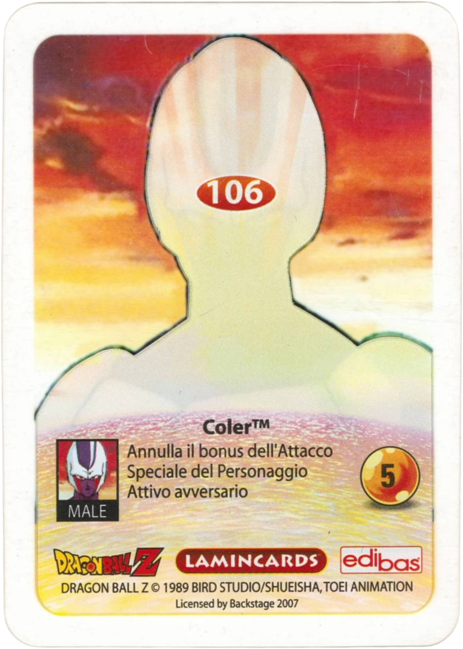 DBZ-PLT-106-COLER-0000 img2 Retro della carta DBZ Platino n. 106 Coler - parte della serie DBZ Lamincard, con dettagli visivi e grafici del prodotto.