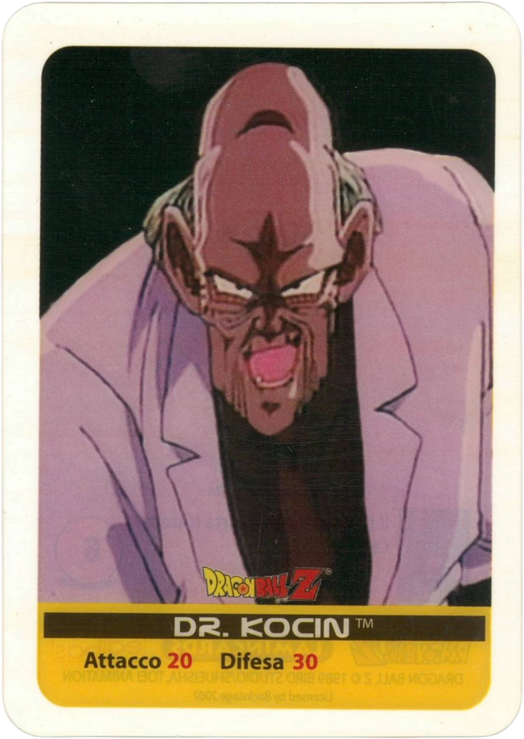DBZ-PLT-108-DR-KOCIN-0000 img1 Lamincards da collezione Dragon Ball Z Platino n. 108 - Dr. Kocin parte della serie DBZ Lamincard, con dettagli visivi e grafici del prodotto.