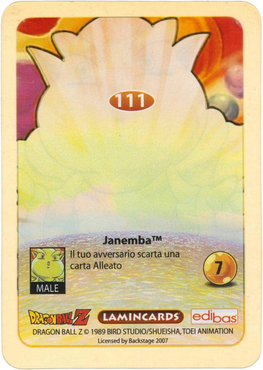 DBZ-PLT-111-JANEMBA-0000 img2 Retro della carta DBZ Platino n. 111 Janemba - parte della serie DBZ Lamincard, con dettagli visivi e grafici del prodotto.