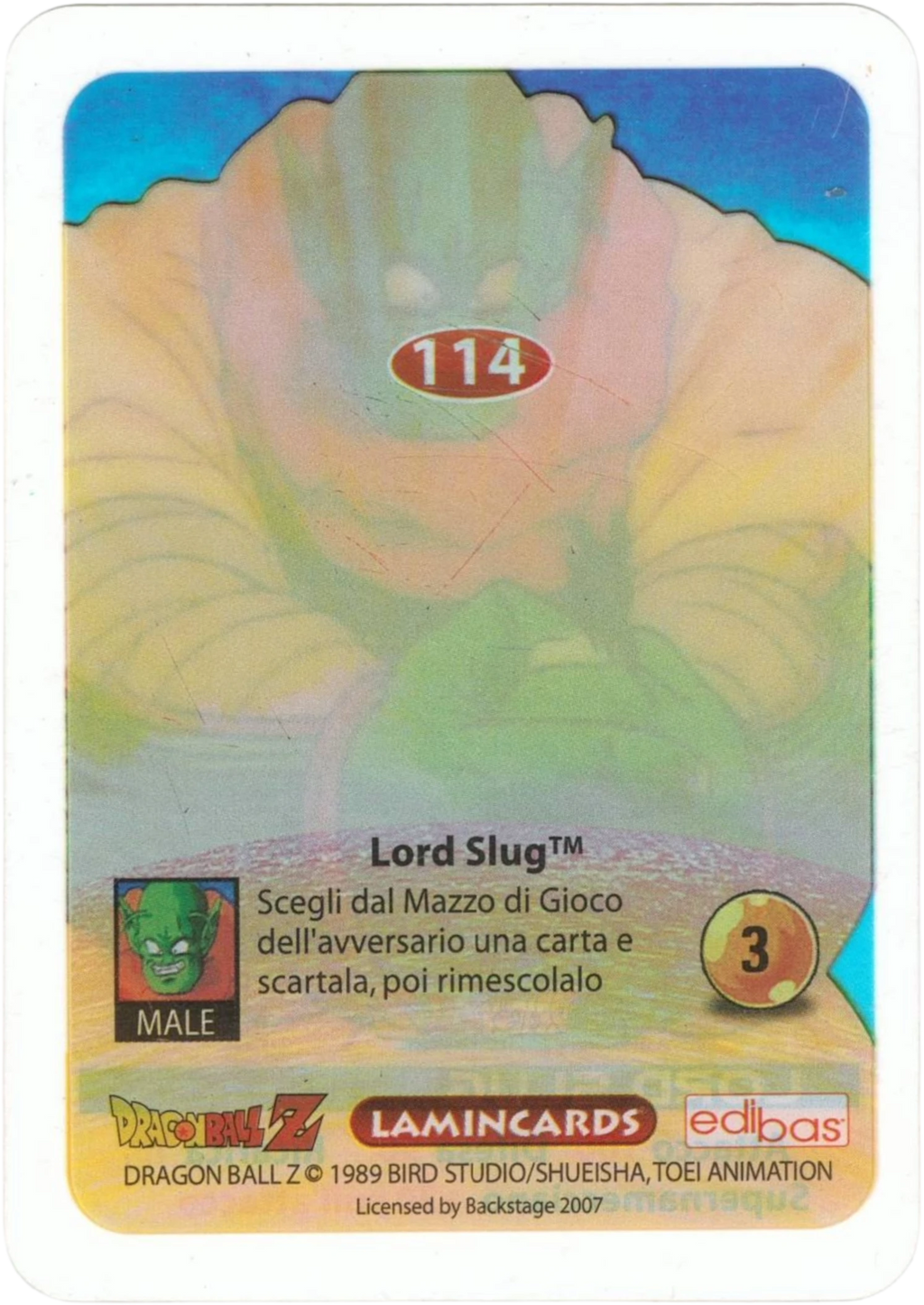 DBZ-PLT-114-LORD-SLUG-0000 img2 Retro della carta DBZ Platino n. 114 Lord Slug - Supernamecciano - parte della serie DBZ Lamincard, con dettagli visivi e grafici del prodotto.