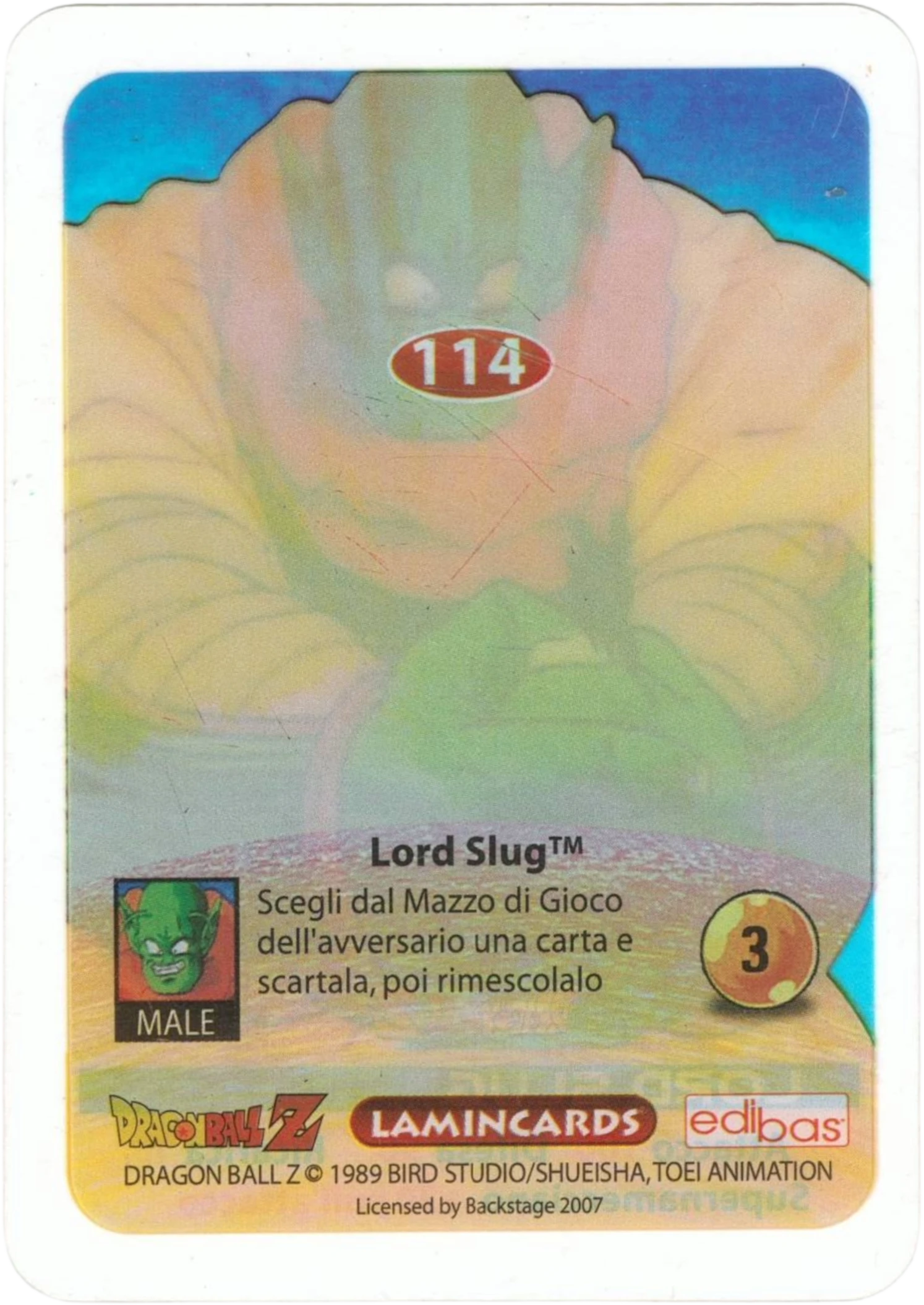 DBZ-PLT-114-LORD-SLUG-0000 img2 Retro della carta DBZ Platino n. 114 Lord Slug - Supernamecciano - parte della serie DBZ Lamincard, con dettagli visivi e grafici del prodotto.