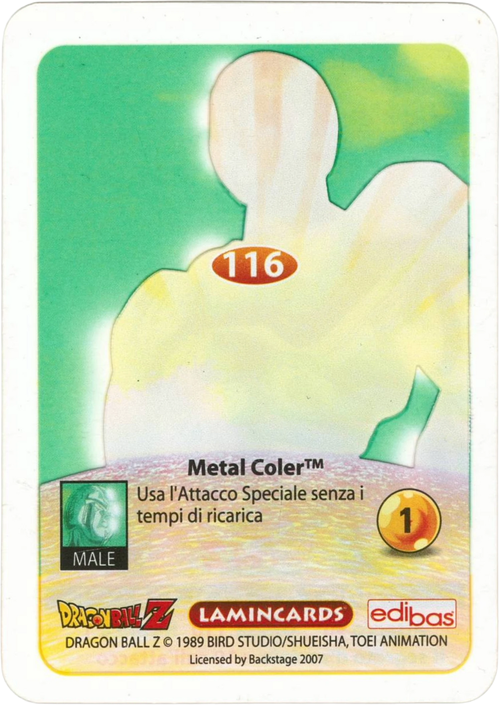 DBZ-PLT-116-METAL-COLER-0000 img2 Retro della carta DBZ Platino n. 116 Metal Coler - Il segreto d'acciaio - parte della serie DBZ Lamincard, con dettagli visivi e grafici del prodotto.
