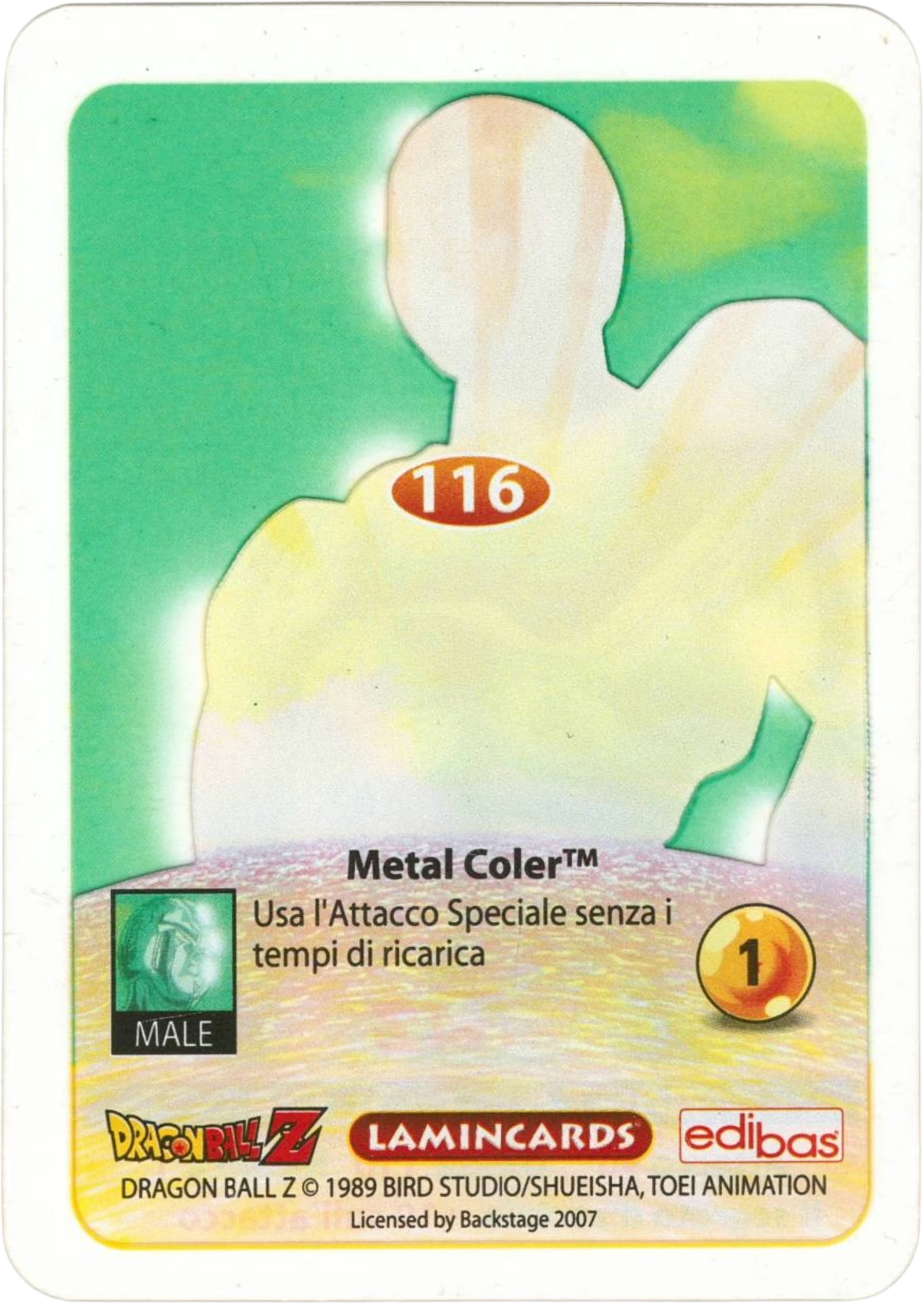 DBZ-PLT-116-METAL-COLER-0000 img2 Retro della carta DBZ Platino n. 116 Metal Coler - Il segreto d'acciaio - parte della serie DBZ Lamincard, con dettagli visivi e grafici del prodotto.