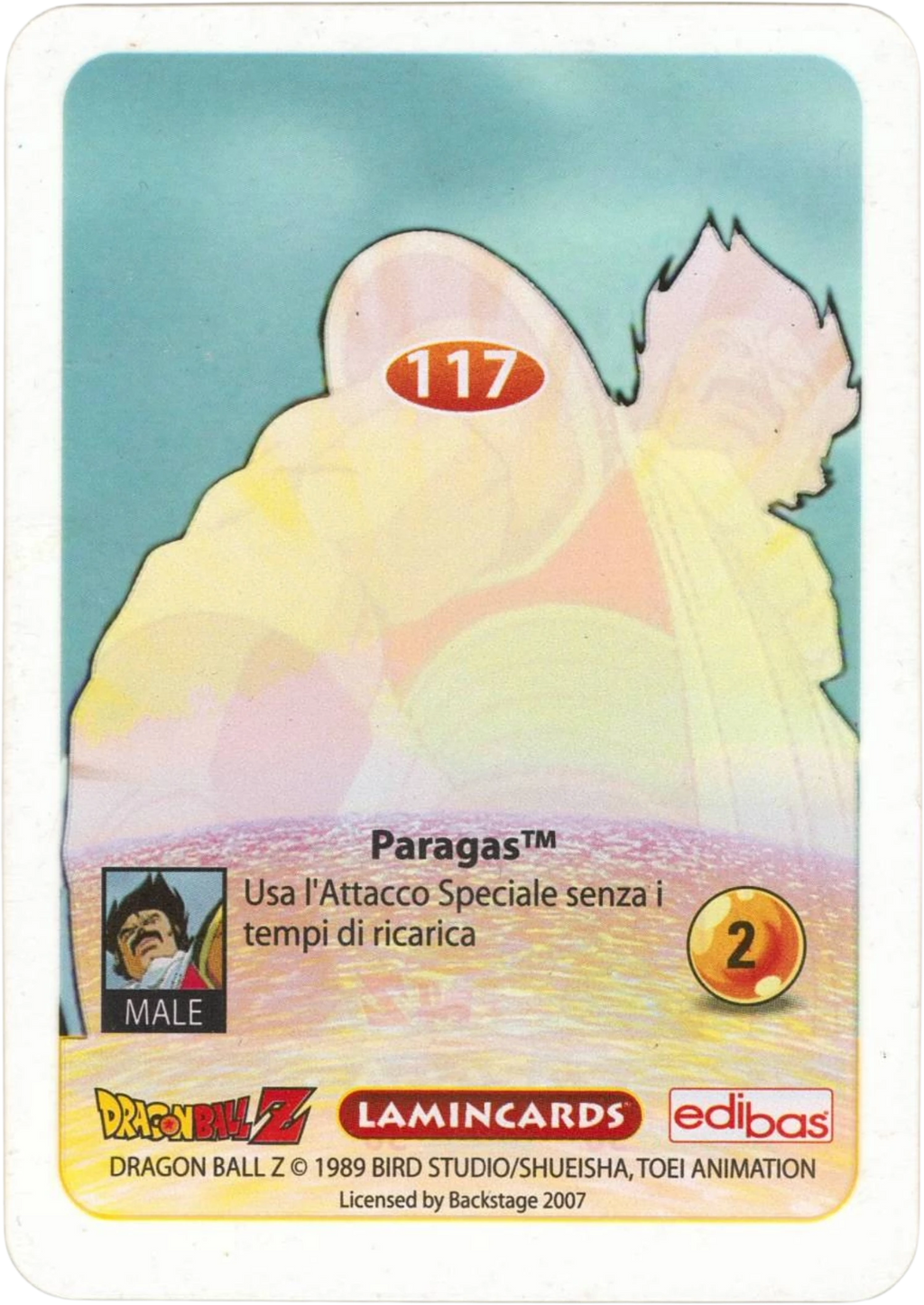 DBZ-PLT-117-PARAGAS-0000 img2 Retro della carta DBZ Platino n. 117 Paragas - parte della serie DBZ Lamincard, con dettagli visivi e grafici del prodotto.