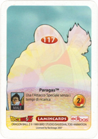 DBZ-PLT-117-PARAGAS-0000 img2 Retro della carta DBZ Platino n. 117 Paragas - parte della serie DBZ Lamincard, con dettagli visivi e grafici del prodotto.