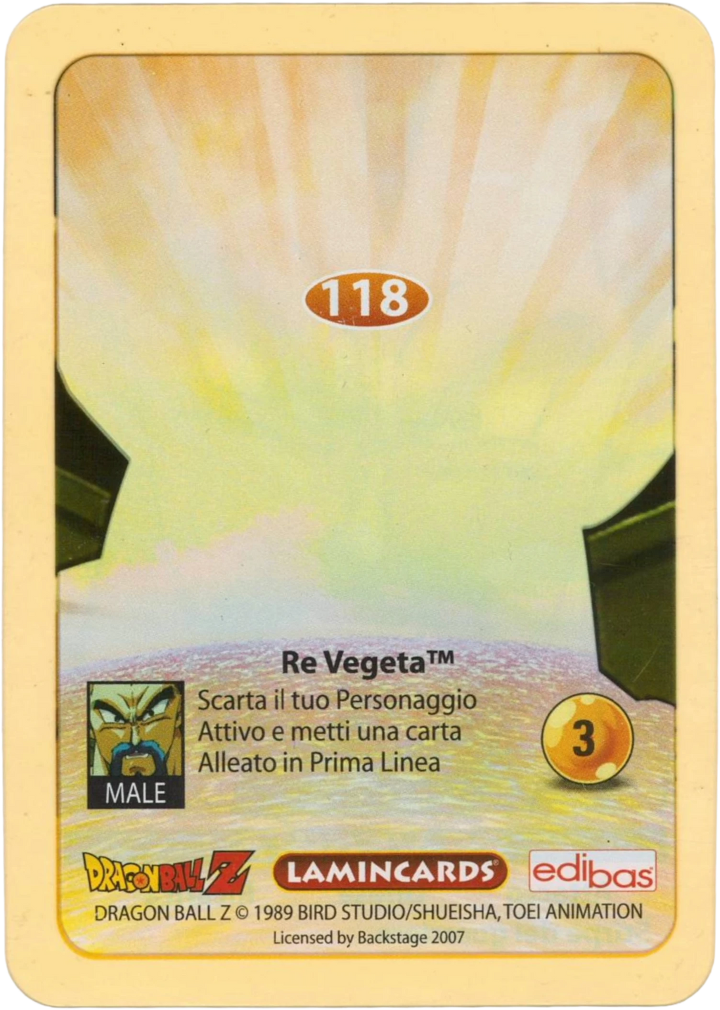 DBZ-PLT-118-RE-VEGETA-0000 img2 Retro della carta DBZ Platino n. 118 Re Vegeta - Stirpe del guerriero - parte della serie DBZ Lamincard, con dettagli visivi e grafici del prodotto.