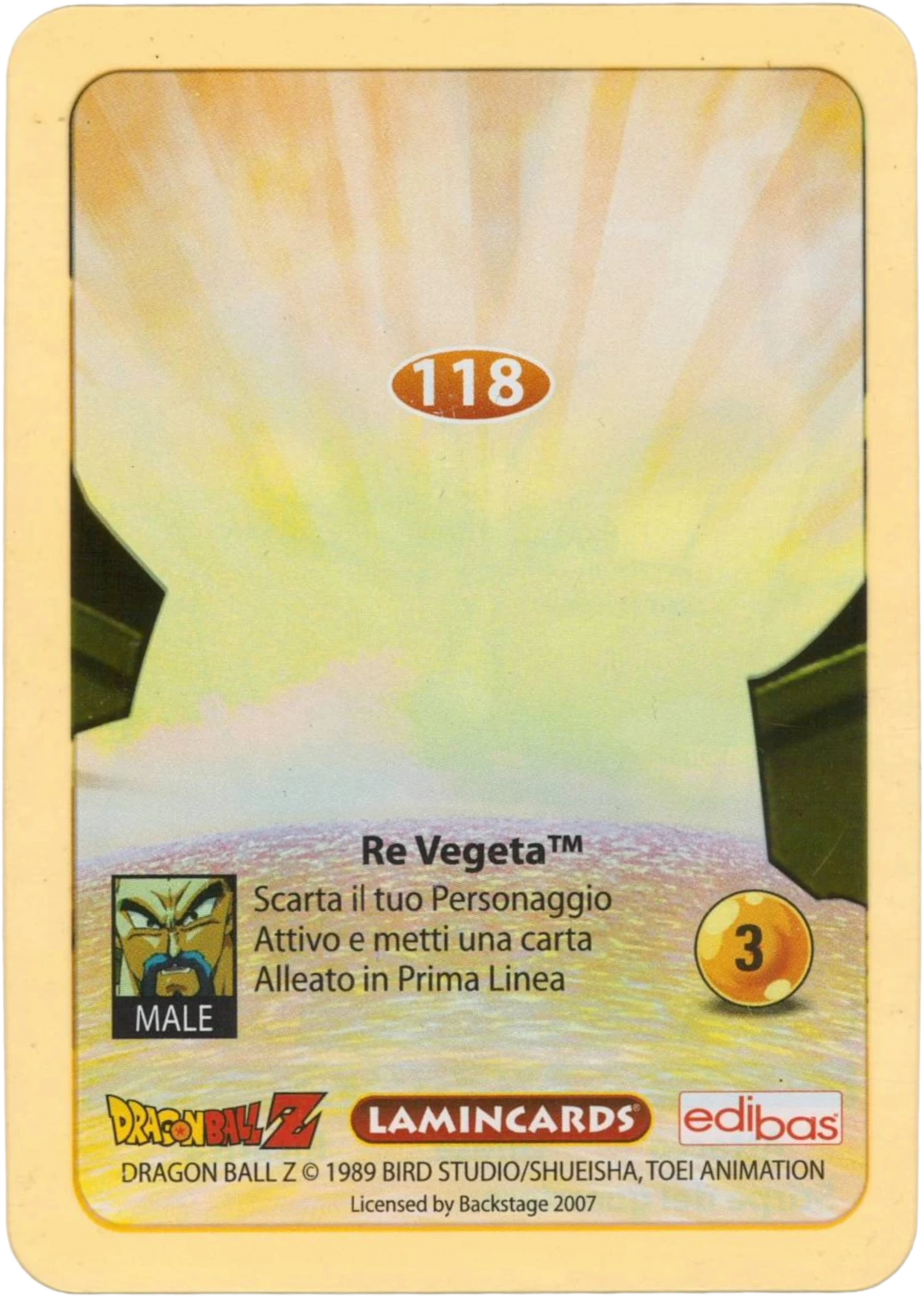 DBZ-PLT-118-RE-VEGETA-0000 img2 Retro della carta DBZ Platino n. 118 Re Vegeta - Stirpe del guerriero - parte della serie DBZ Lamincard, con dettagli visivi e grafici del prodotto.