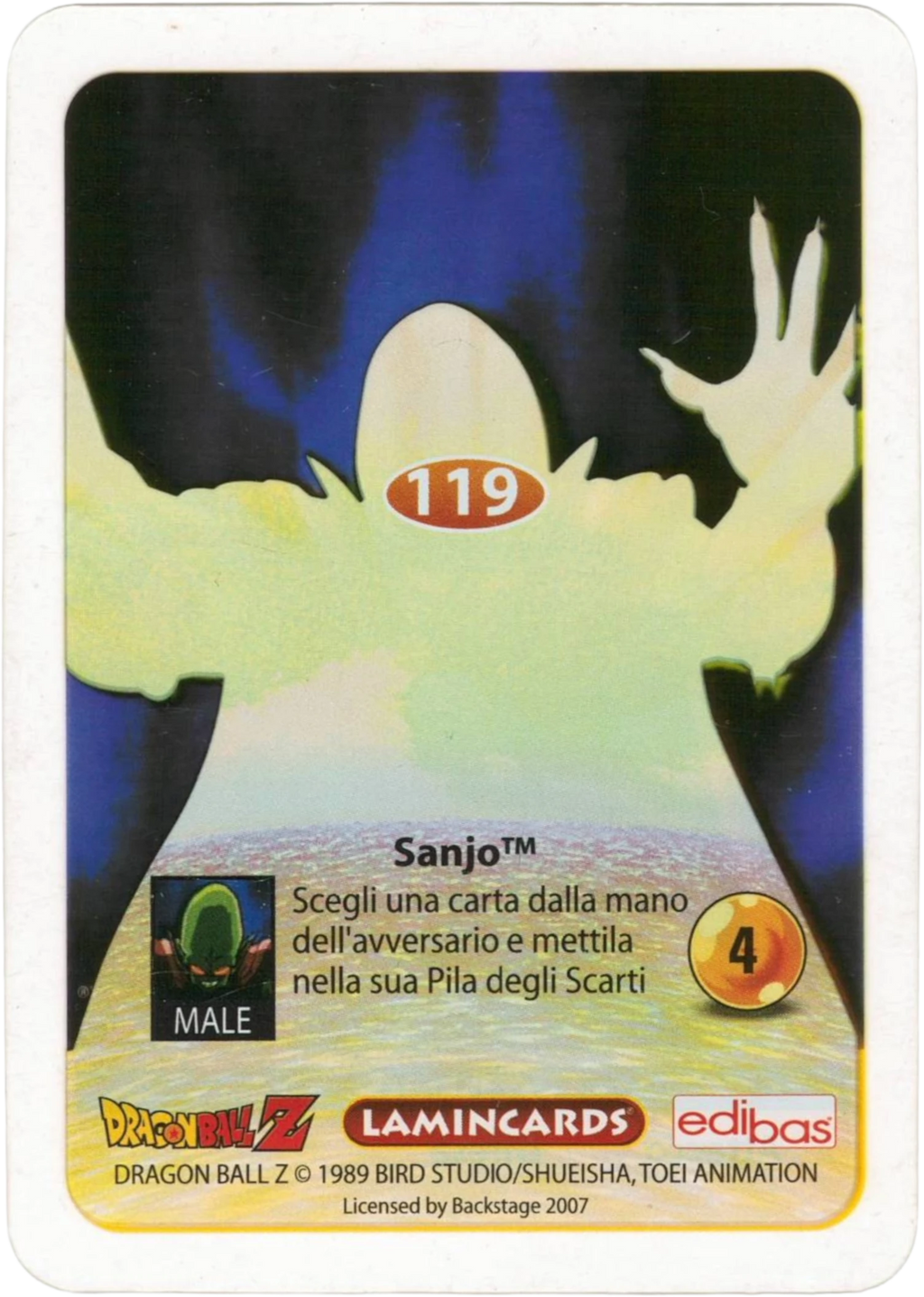 DBZ-PLT-119-SANJO-0000 img2 Retro della carta DBZ Platino n. 119 Sanjo - parte della serie DBZ Lamincard, con dettagli visivi e grafici del prodotto.