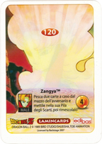 DBZ-PLT-120-ZANGYA-0000 img2 Retro della carta DBZ Platino n. 120 Zangya - parte della serie DBZ Lamincard, con dettagli visivi e grafici del prodotto.