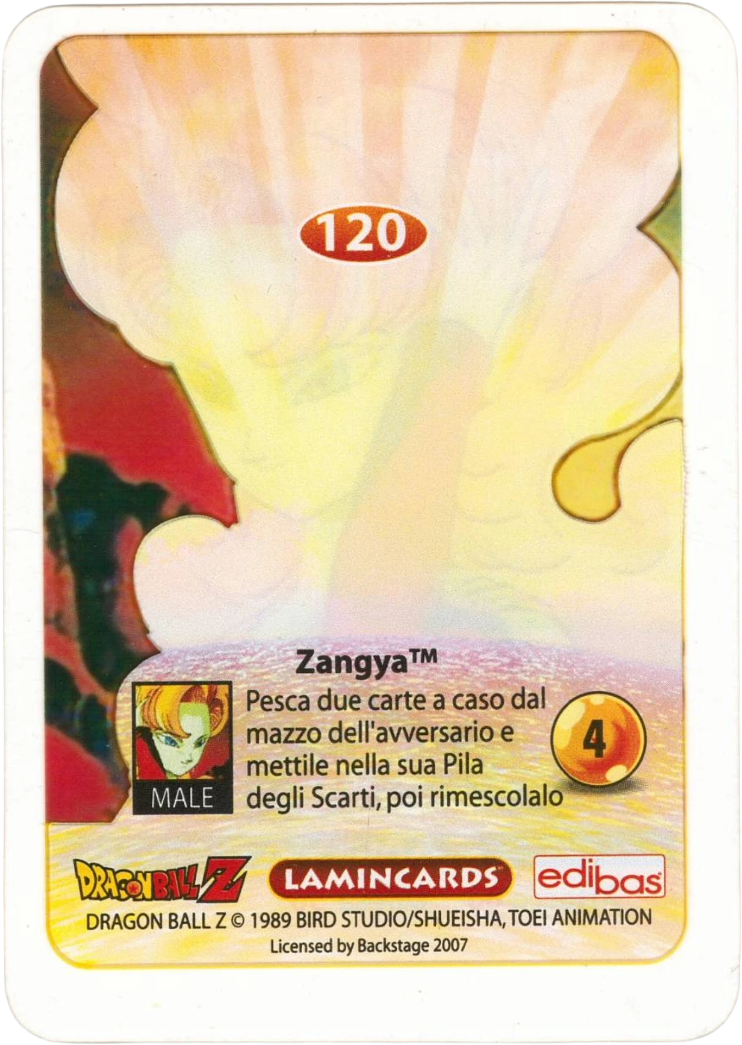 DBZ-PLT-120-ZANGYA-0000 img2 Retro della carta DBZ Platino n. 120 Zangya - parte della serie DBZ Lamincard, con dettagli visivi e grafici del prodotto.