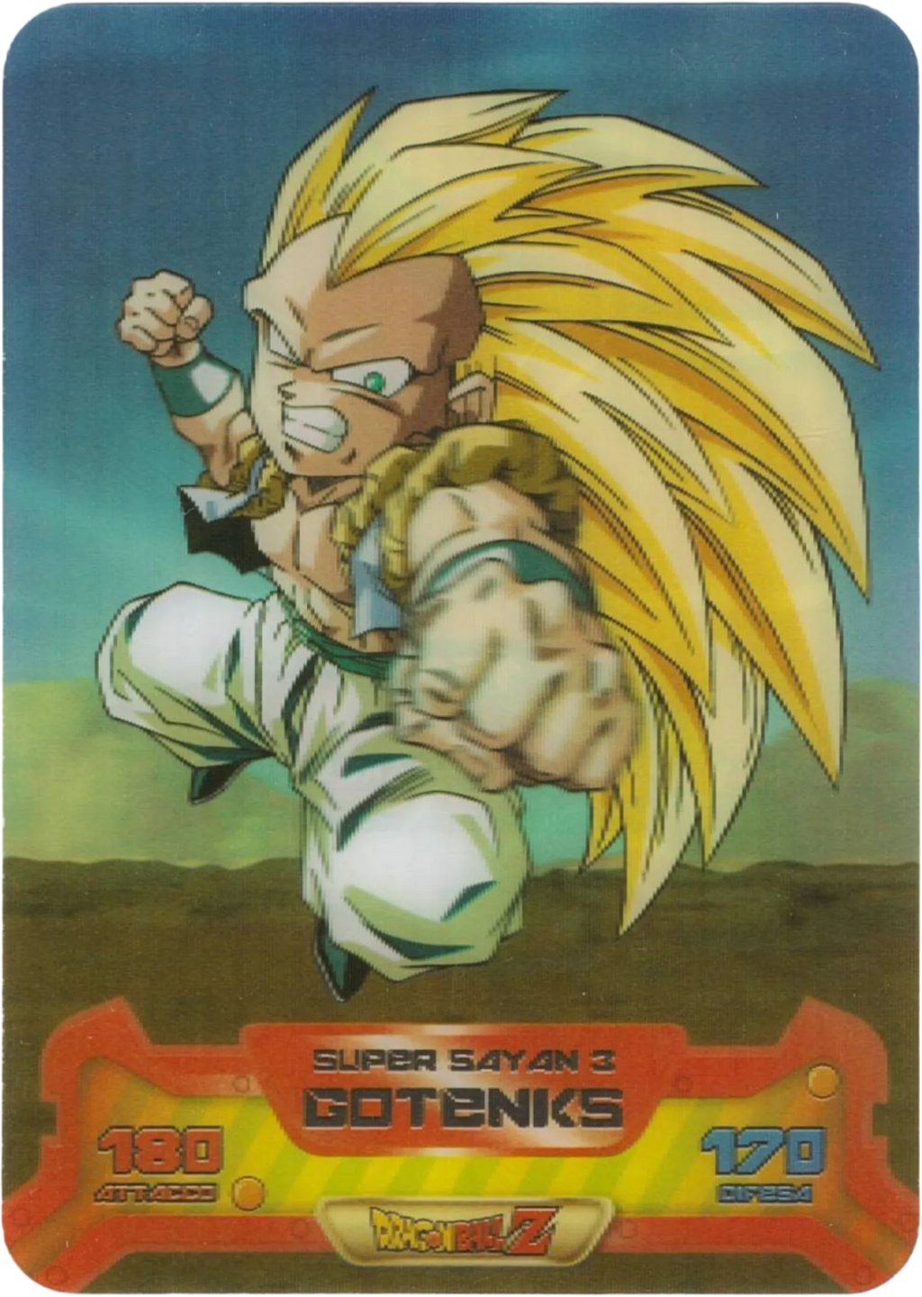 DBZ-S-3D-150-GOTENKS-000-img1 – Carta da collezione Dragon Ball Z Super 3D n. 150 – Gotenks, parte della serie DBZ Lamincard, con dettagli visivi e grafici del prodotto (fronte).

