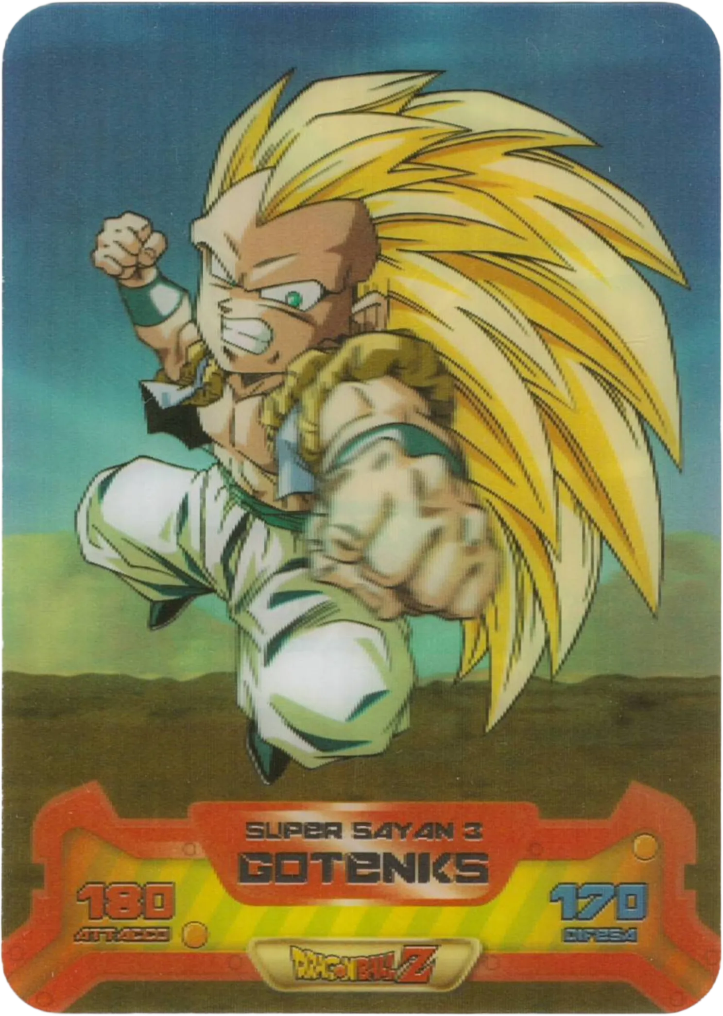 DBZ-S-3D-150-GOTENKS-000-img1 – Carta da collezione Dragon Ball Z Super 3D n. 150 – Gotenks, parte della serie DBZ Lamincard, con dettagli visivi e grafici del prodotto (fronte).

