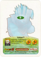 DBZ-ORO-008-GOHAN-000 img2 Retro della carta DBZ Oro n. 8 Gohan-Supersayan- parte della serie DBZ Lamincard, con dettagli visivi e grafici del prodotto.