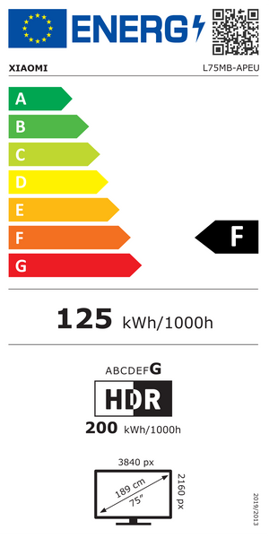 Etichetta energetica Xiaomi TV e Hotel TV - A Pro 75