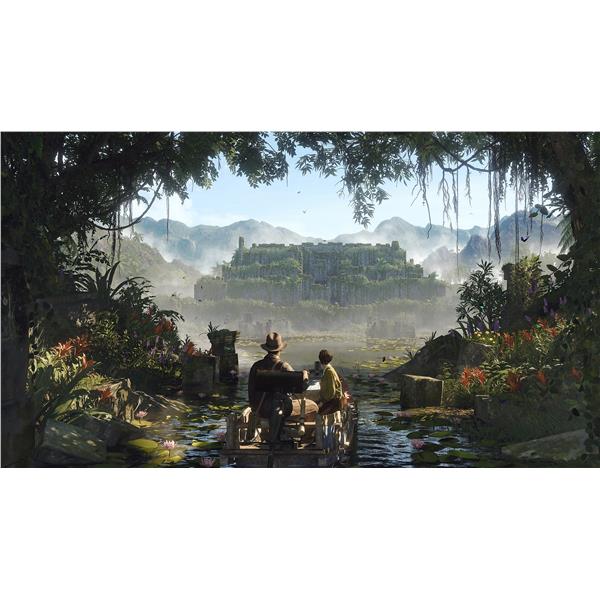 MICROSOFT PS5 INDIANA JONES: L'ANTICO CERCHIO STANDARD EDITION, codice EAN: 0196388560660, codice originale del gioco EP2-35674 . nella giungla su una barca con villaggio sullo sfondo.