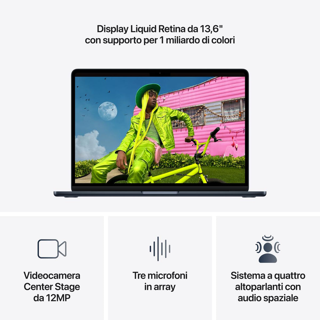 Apple MacBook Air 13” con chip M5, CPU 10‑core e GPU 8‑core, 16GB di memoria unificata e SSD da 512GB, display Liquid Retina da 13", colore MIdnight. mazzotta.store