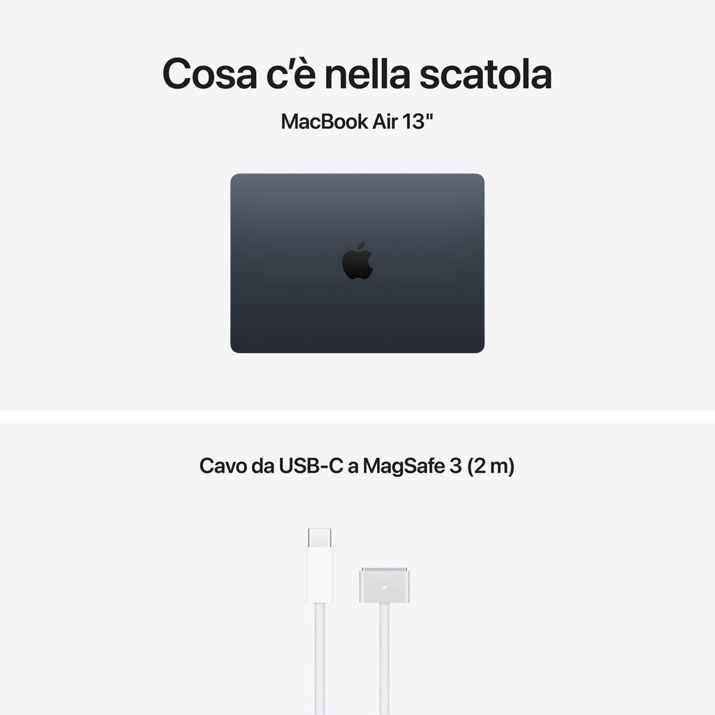 Apple MacBook Air 13” con chip M5, CPU 10‑core e GPU 10‑core, 24GB di memoria unificata e SSD da 1TB, display Liquid Retina da 13", colore Midnight. mazzotta.store