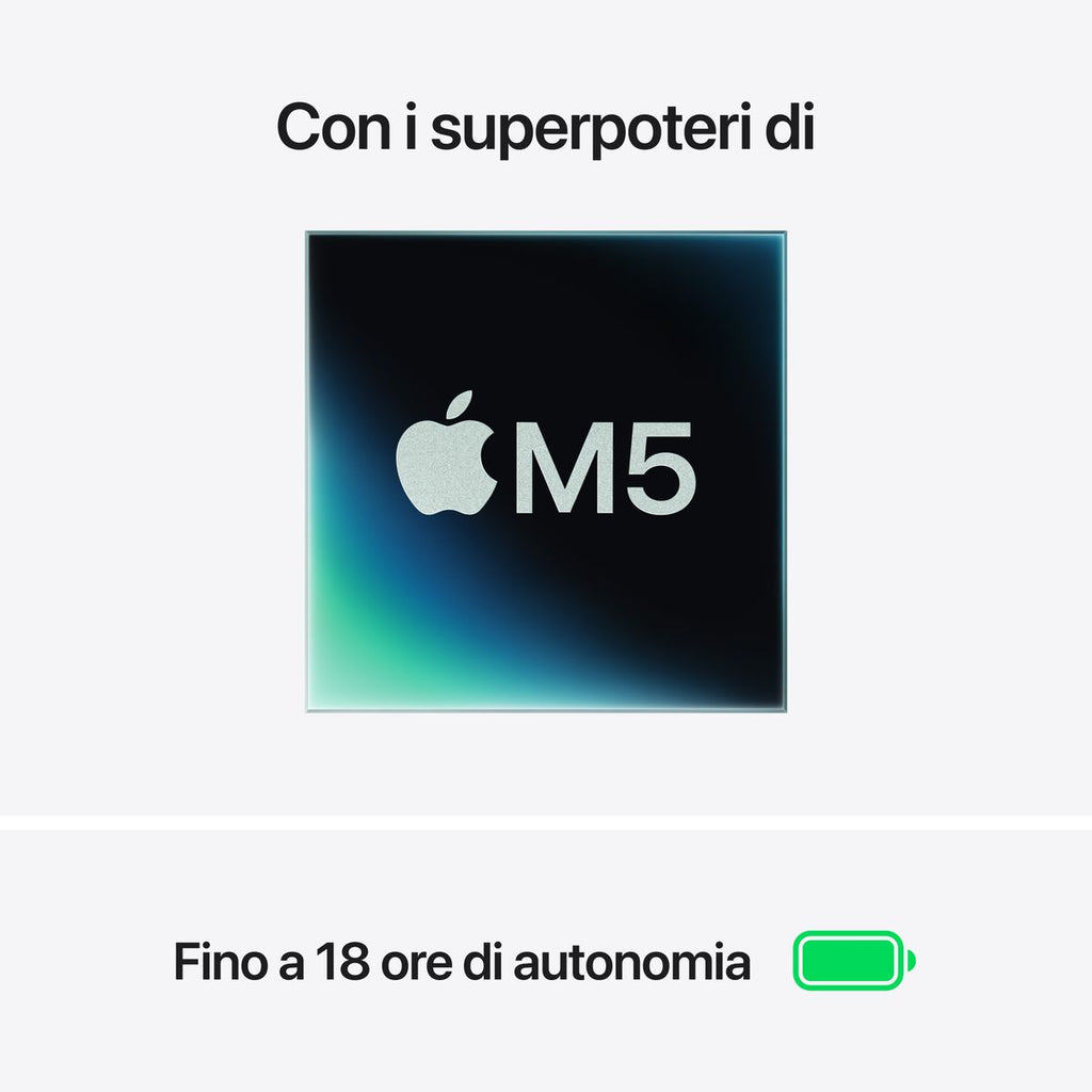 Apple MacBook Air 13” con chip M5, CPU 10‑core e GPU 10‑core, 16GB di memoria unificata e SSD da 1TB, display Liquid Retina da 13", colore Silver. mazzotta.store