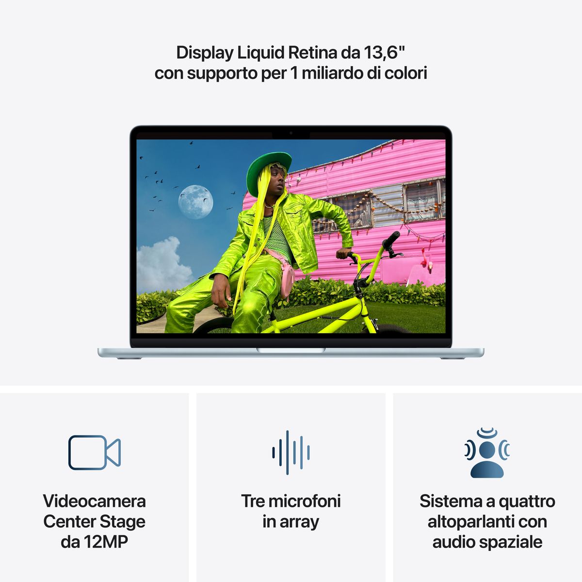 Apple MacBook Air 13” con chip M5, CPU 10‑core e GPU 10‑core, 16GB di memoria unificata e SSD da 1TB, display Liquid Retina da 13", colore Sky Blue. mazzotta.store