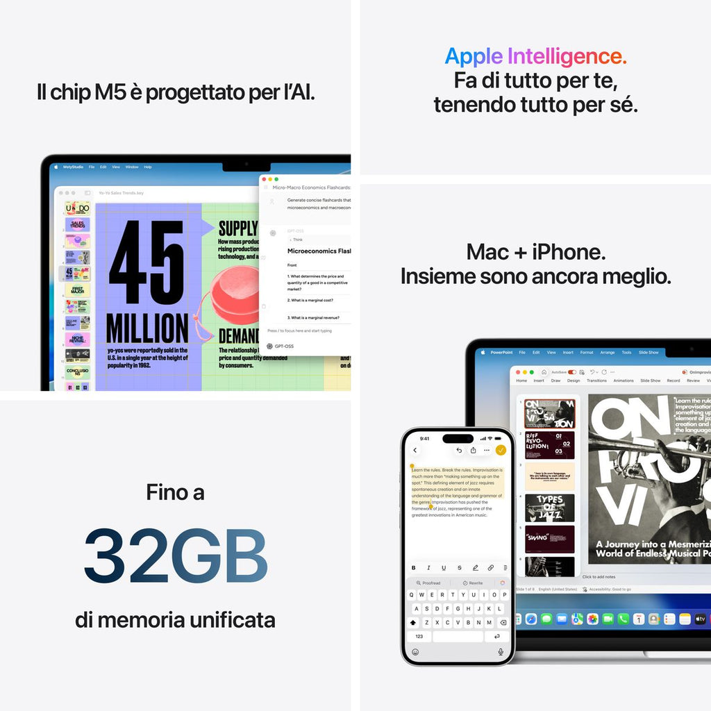 Apple MacBook Air 13” con chip M5, CPU 10‑core e GPU 8‑core, 16GB di memoria unificata e SSD da 512GB, display Liquid Retina da 13", colore Sky Blue. mazzotta.store