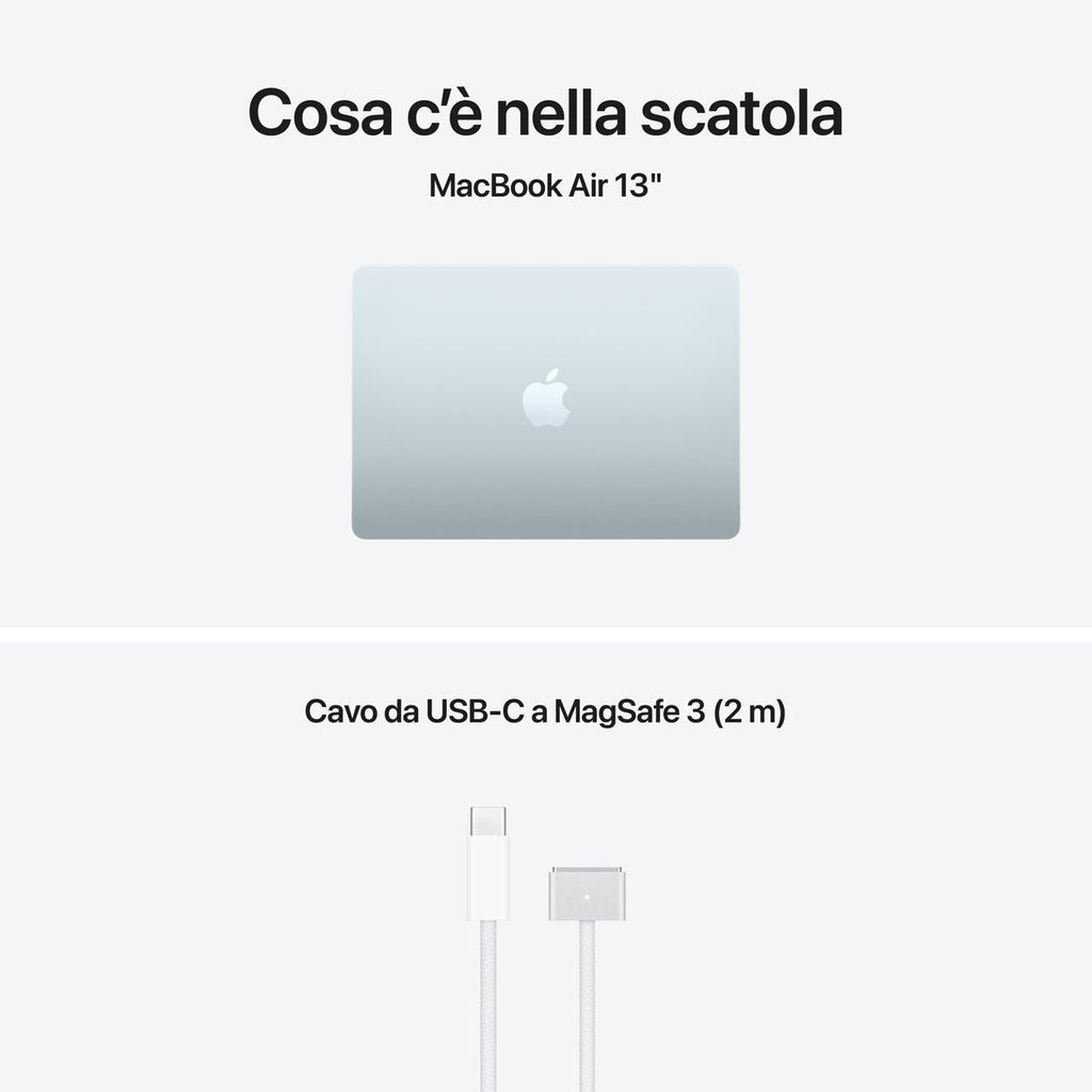 Apple MacBook Air 13” con chip M5, CPU 10‑core e GPU 10‑core, 24GB di memoria unificata e SSD da 1TB, display Liquid Retina da 13", colore Sky Blue. mazzotta.store