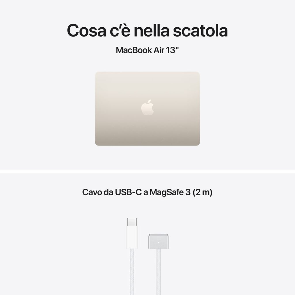 Apple MacBook Air 13” con chip M5, CPU 10‑core e GPU 10‑core, 24GB di memoria unificata e SSD da 1TB, display Liquid Retina da 13", colore Starlight. mazzotta.store